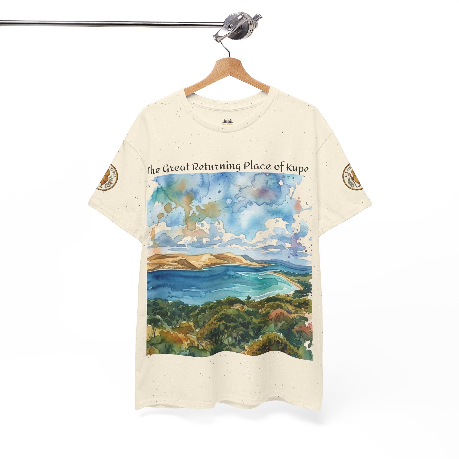 Cream T-shirt with full front landscape print and small shoulder logo patches