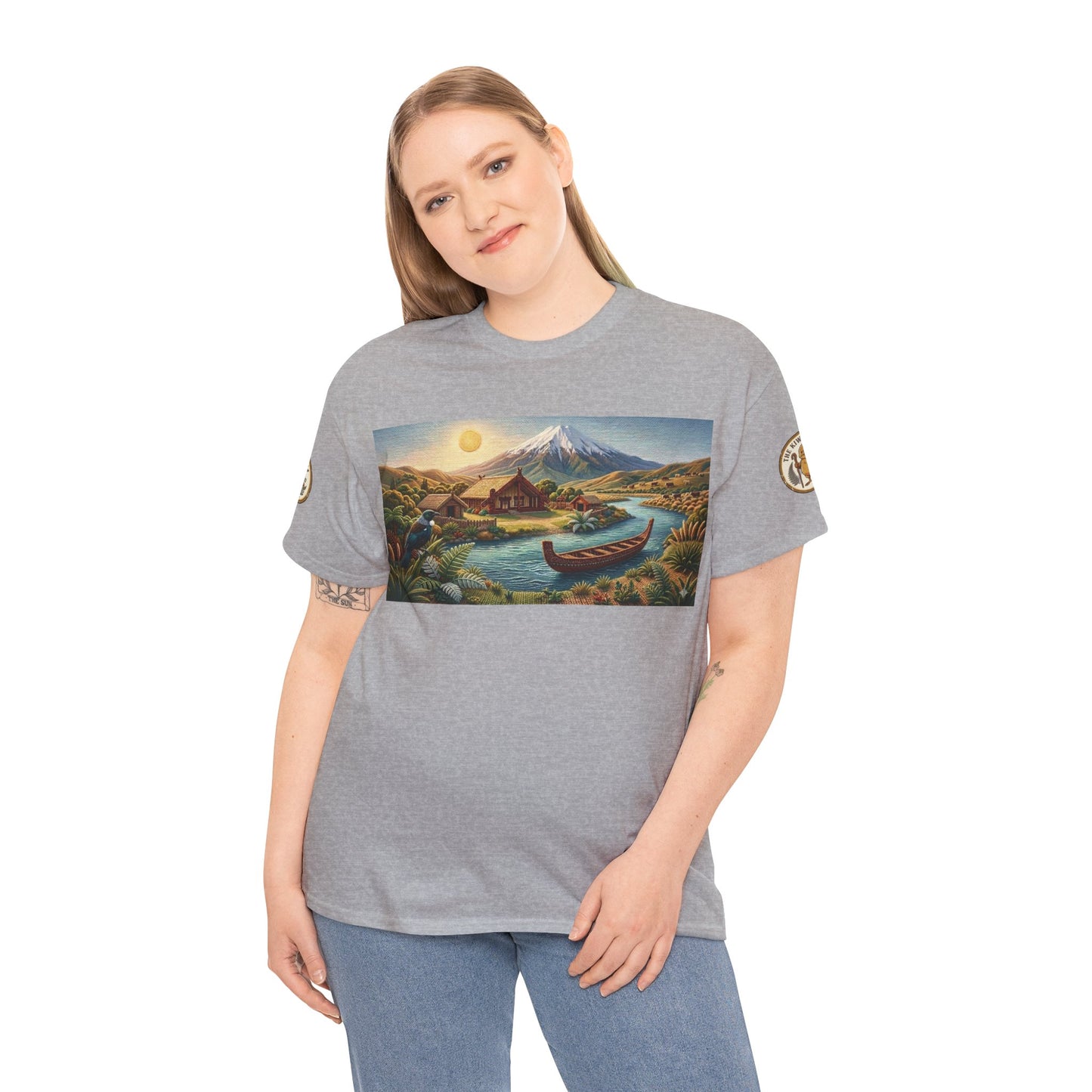Gray heather crewneck T-shirt with front landscape boat and cabin graphic