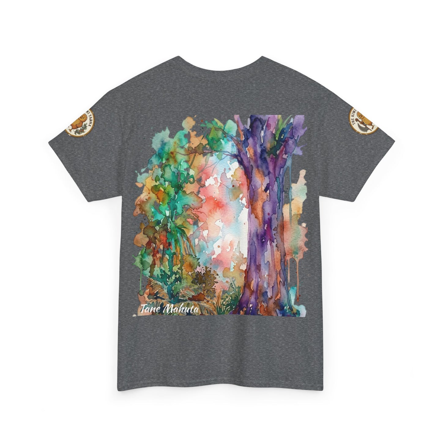 Dark gray heather T-shirt with colorful tree watercolor print and round sleeve patches