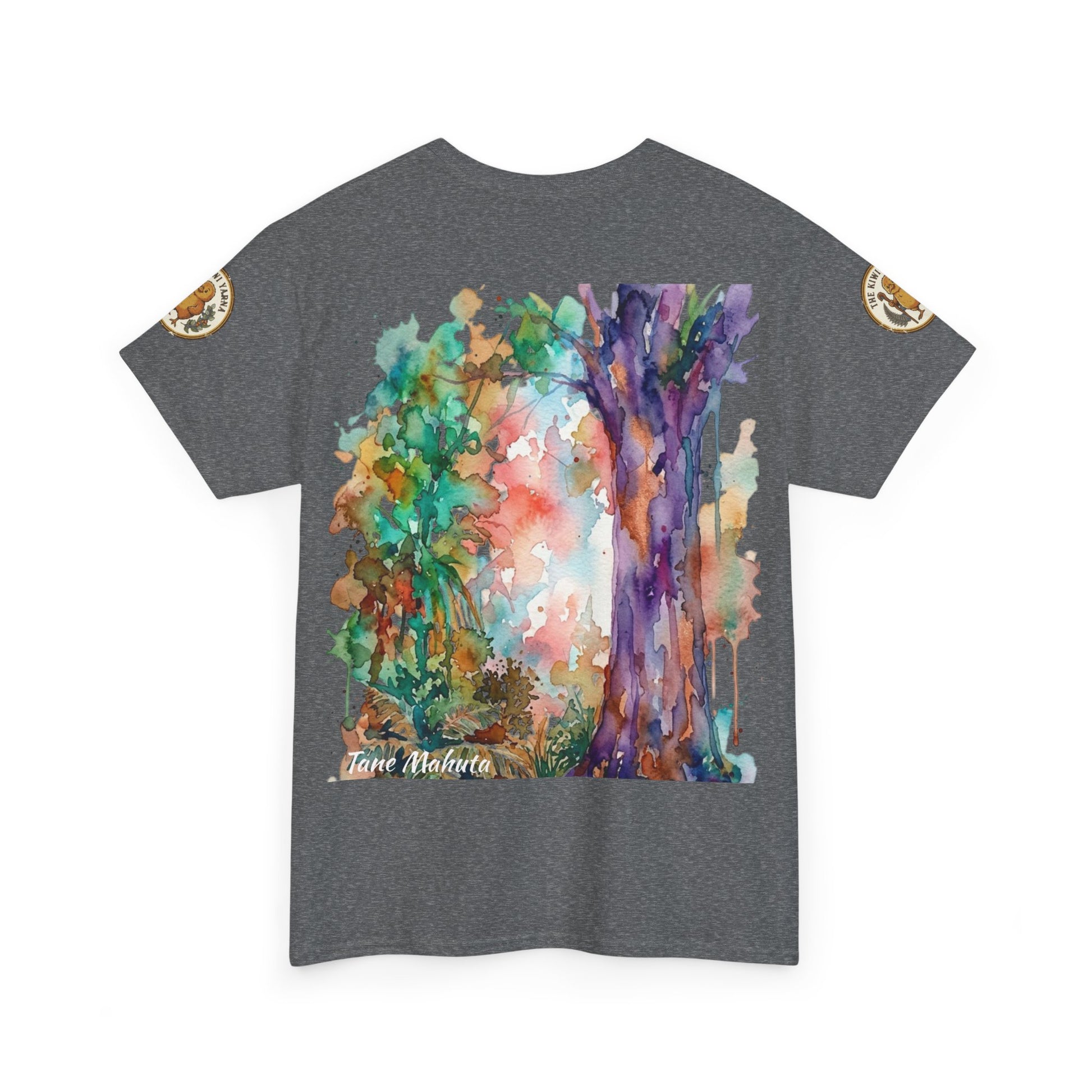 Dark gray heather T-shirt with colorful tree watercolor print and round sleeve patches