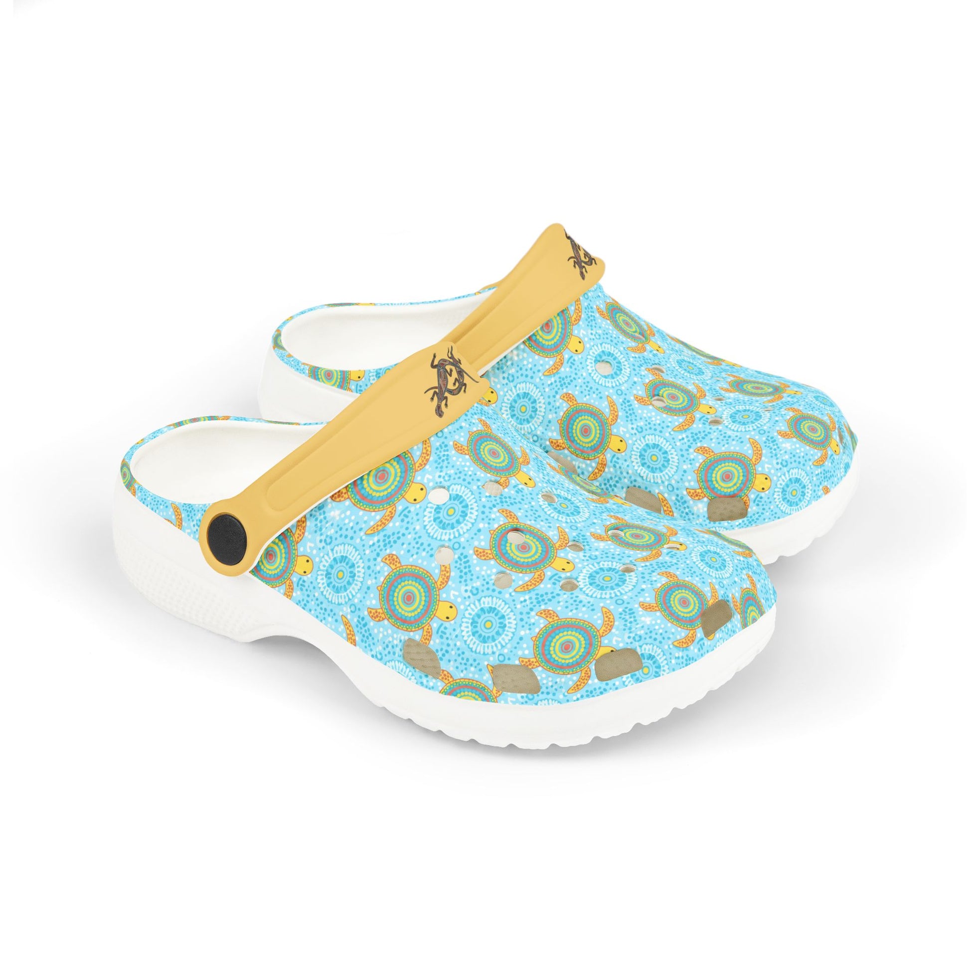 Light blue patterned slip-on clog shoe with yellow strap, white sole, and side cutouts