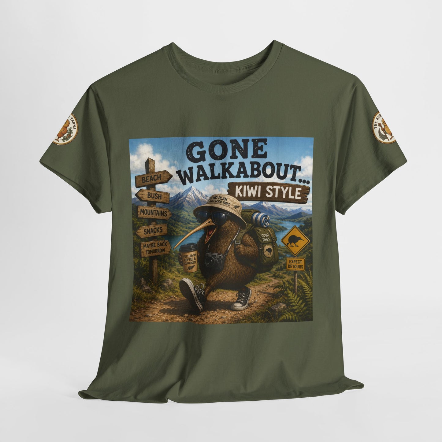 Forest green T-shirt with centered kiwi adventure graphic and crew neck