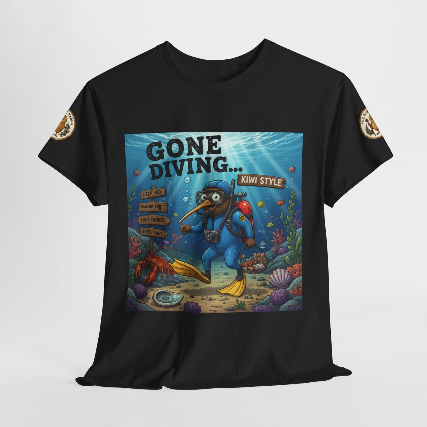 Black crew-neck T-shirt with large front “Gone Diving…Kiwi Style” underwater illustration