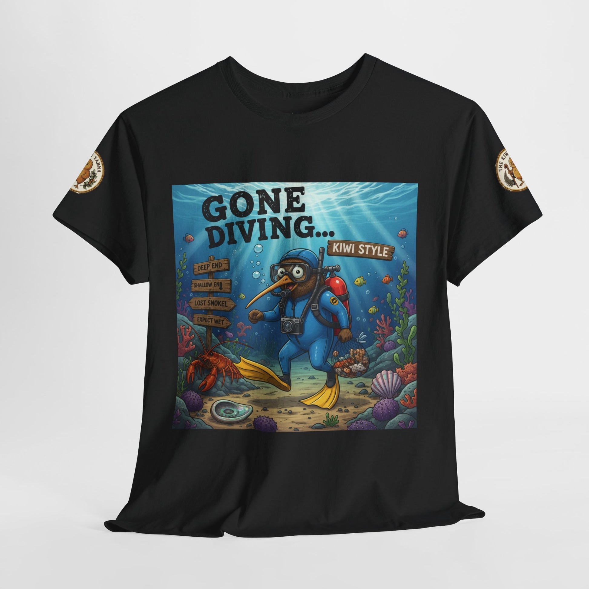 Black crew-neck T-shirt with large front “Gone Diving…Kiwi Style” underwater illustration