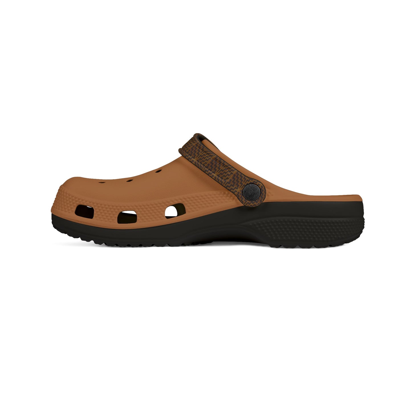 Tukutuku clog sandals with tan perforated upper, brown patterned strap, and dark sole