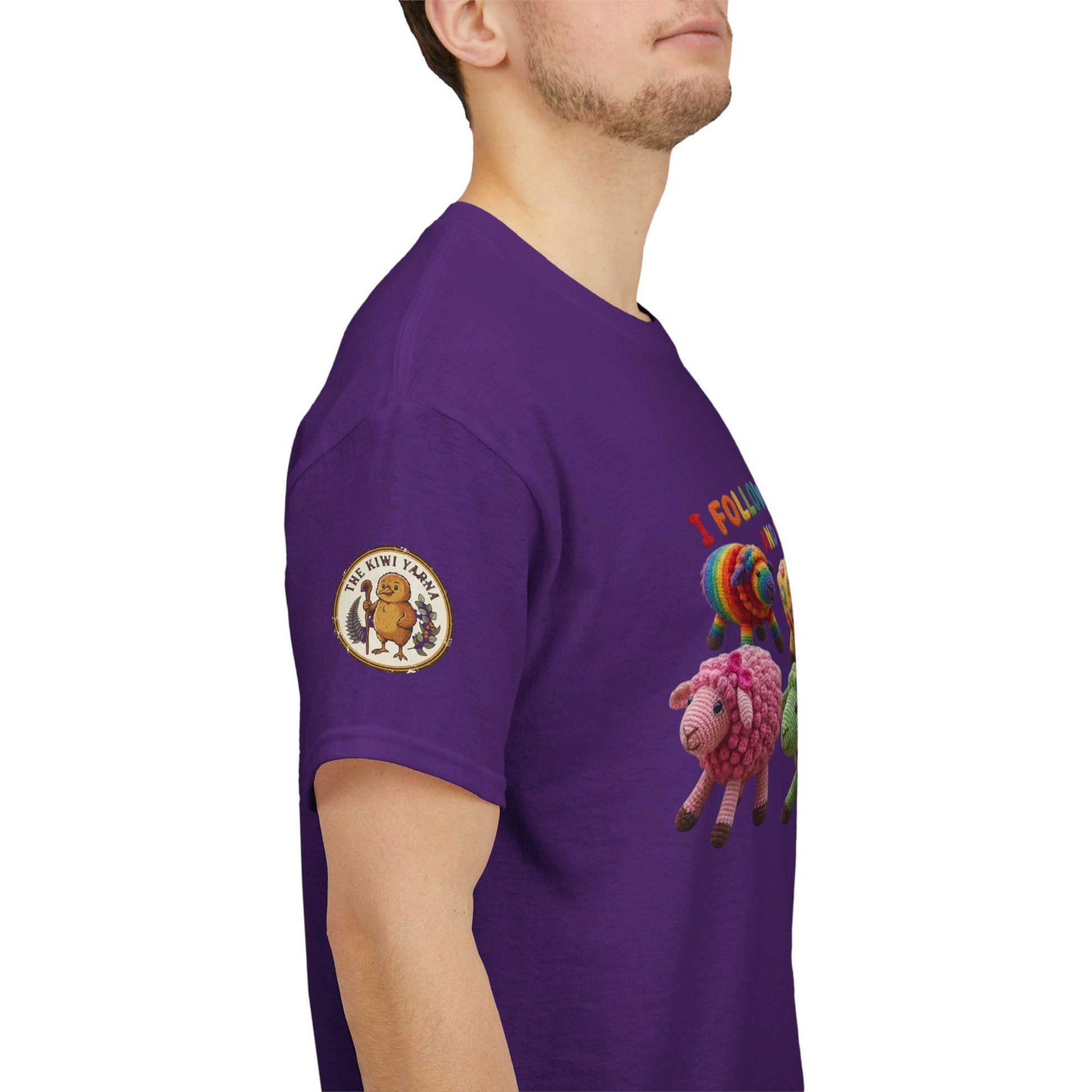 Purple t-shirt sleeve patch and small sheep graphic on arm, crewneck short sleeve.