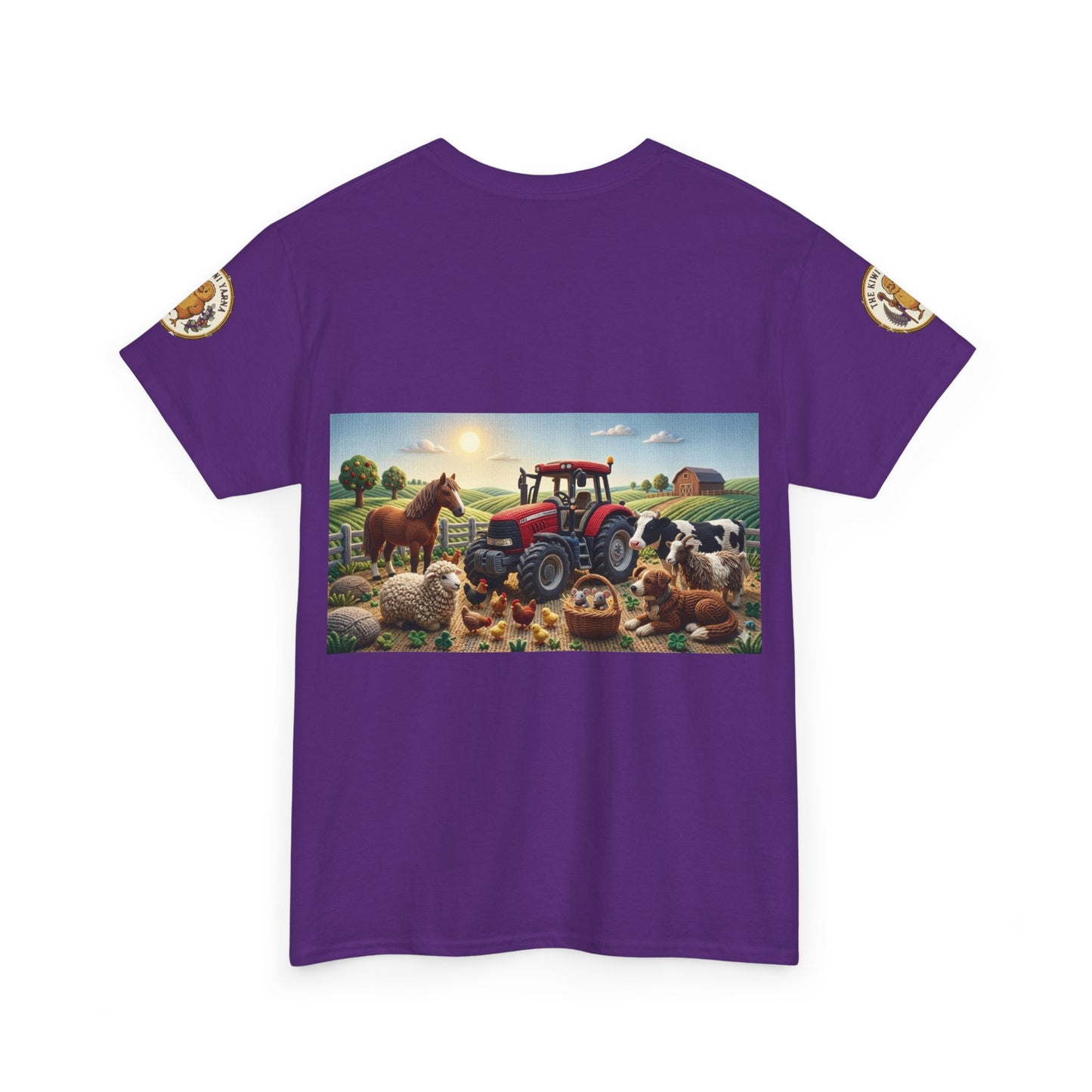 Purple crewneck T-shirt with farm tractor and animals graphic; short sleeves.