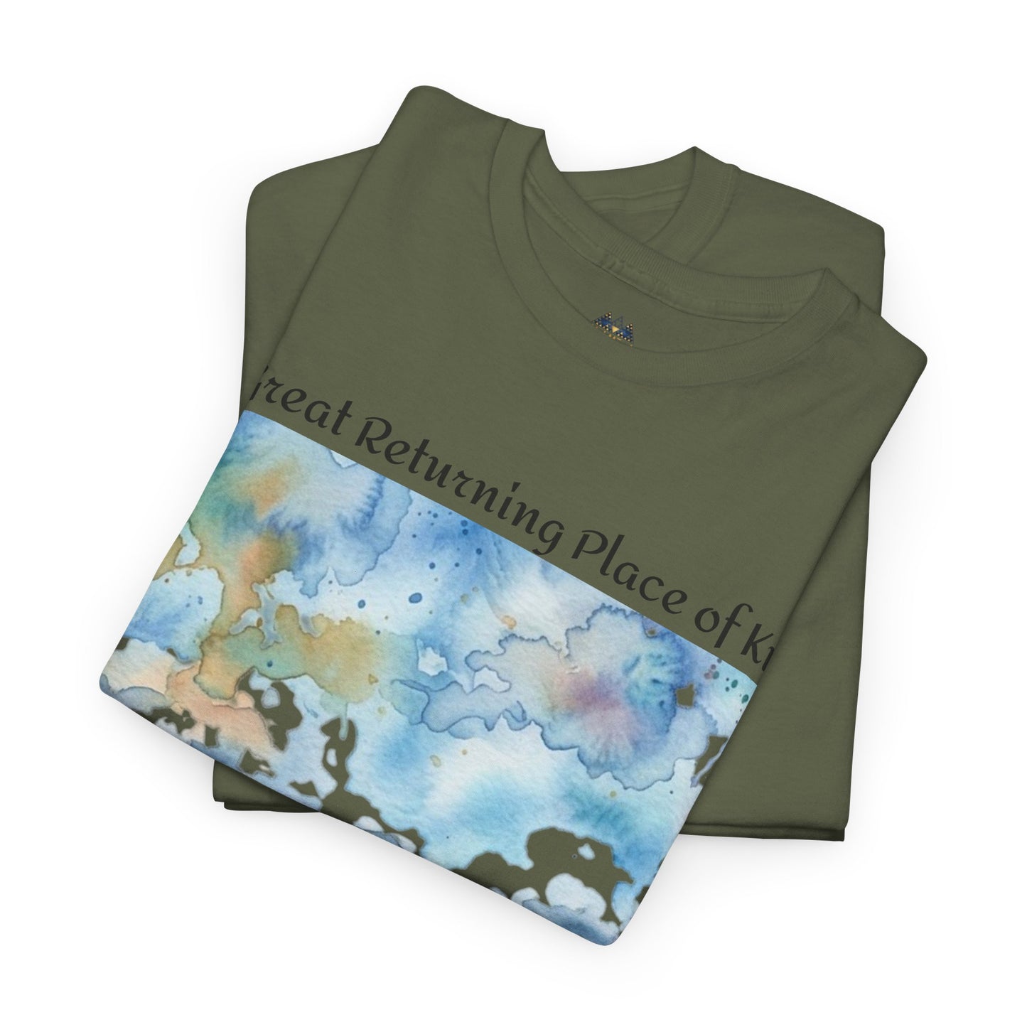 Olive green graphic T-shirt with large blue map-style landscape print