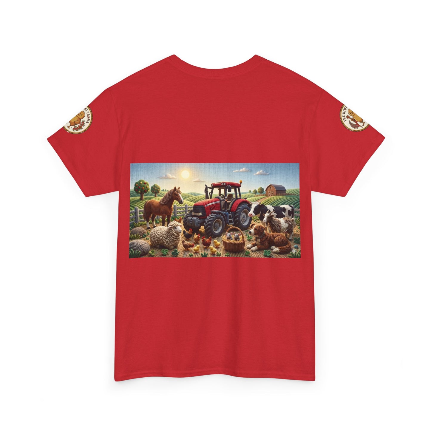 Red farm graphic T-shirt with tractor and animals rectangle print; short sleeves