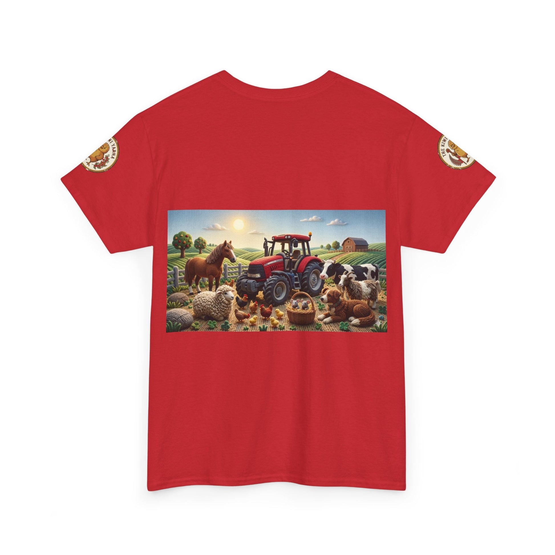 Red farm graphic T-shirt with tractor and animals rectangle print; short sleeves