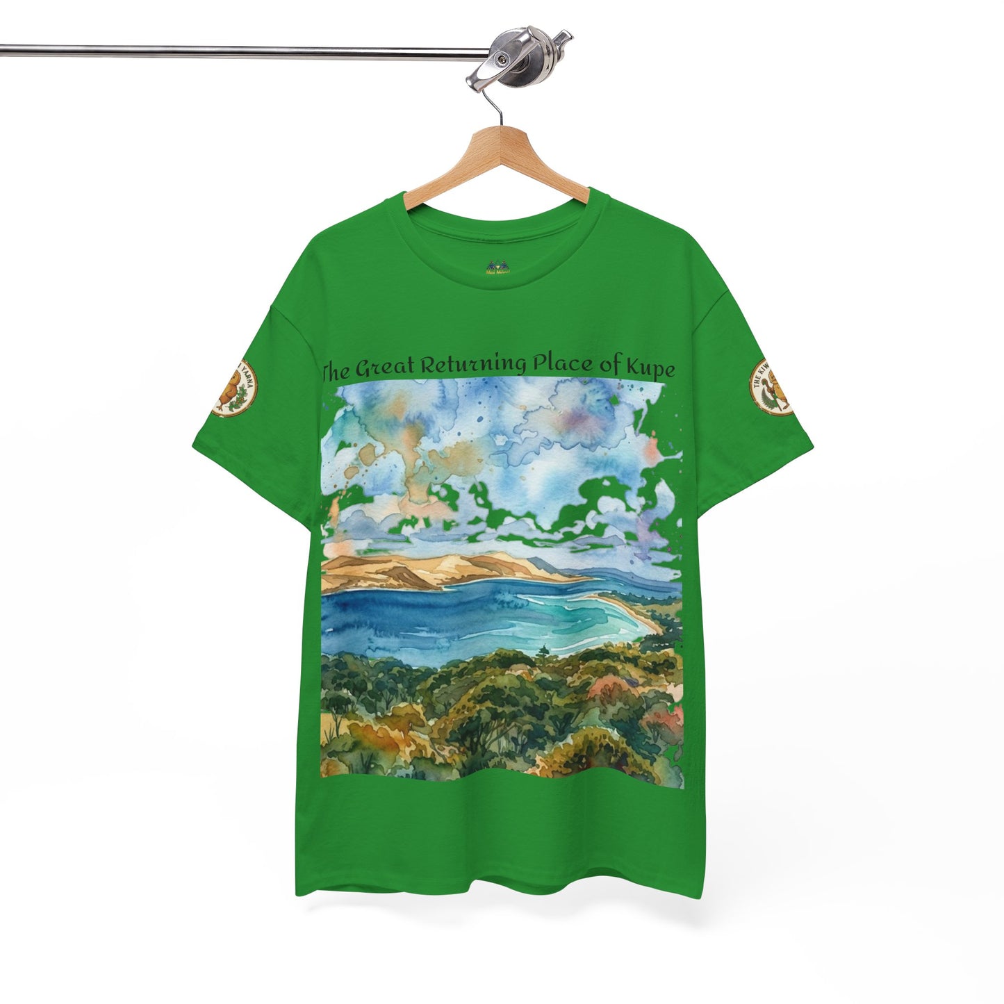 Hokianga Harbour graphic T-shirt in green with front watercolor landscape print