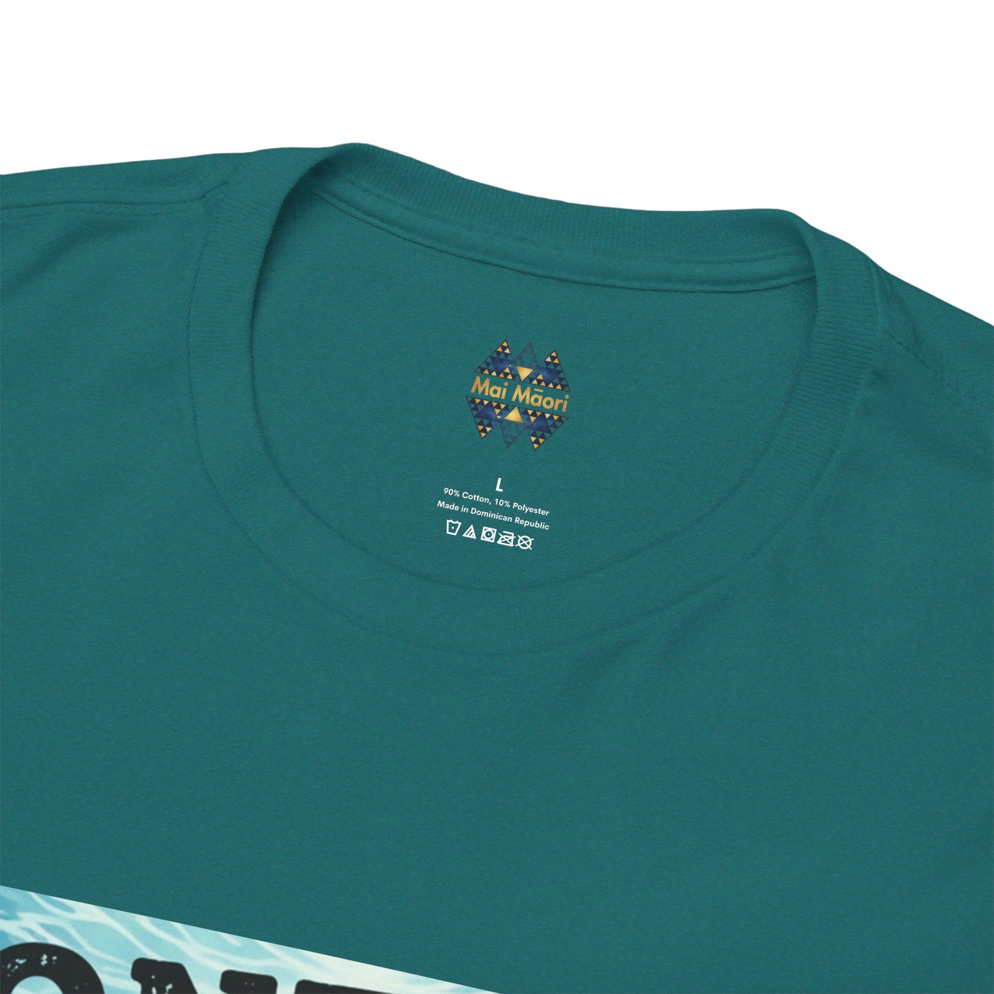 Teal crew-neck T-shirt close-up with small chest logo emblem