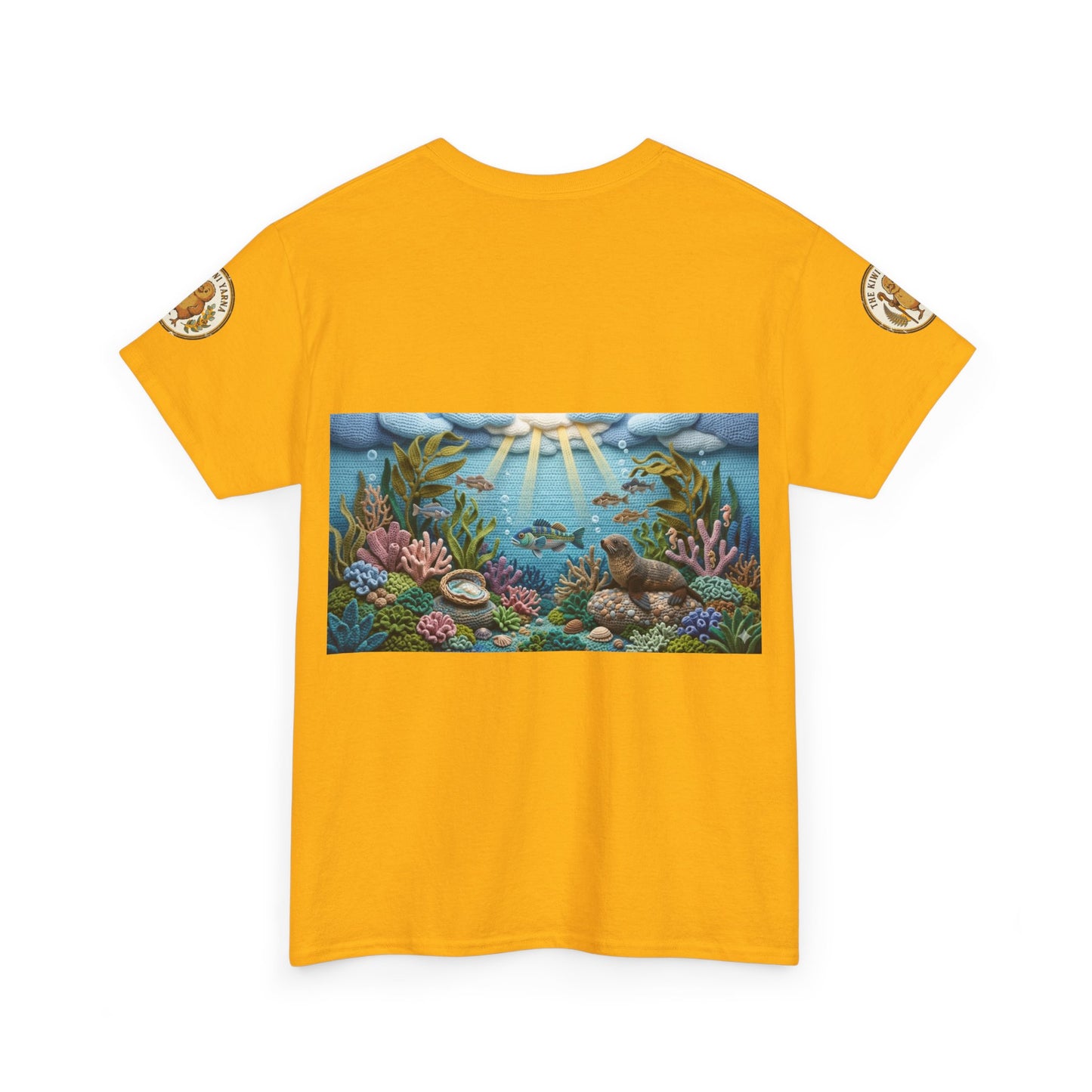 Under the Sea graphic T-shirt, yellow with rectangular ocean scene print across chest