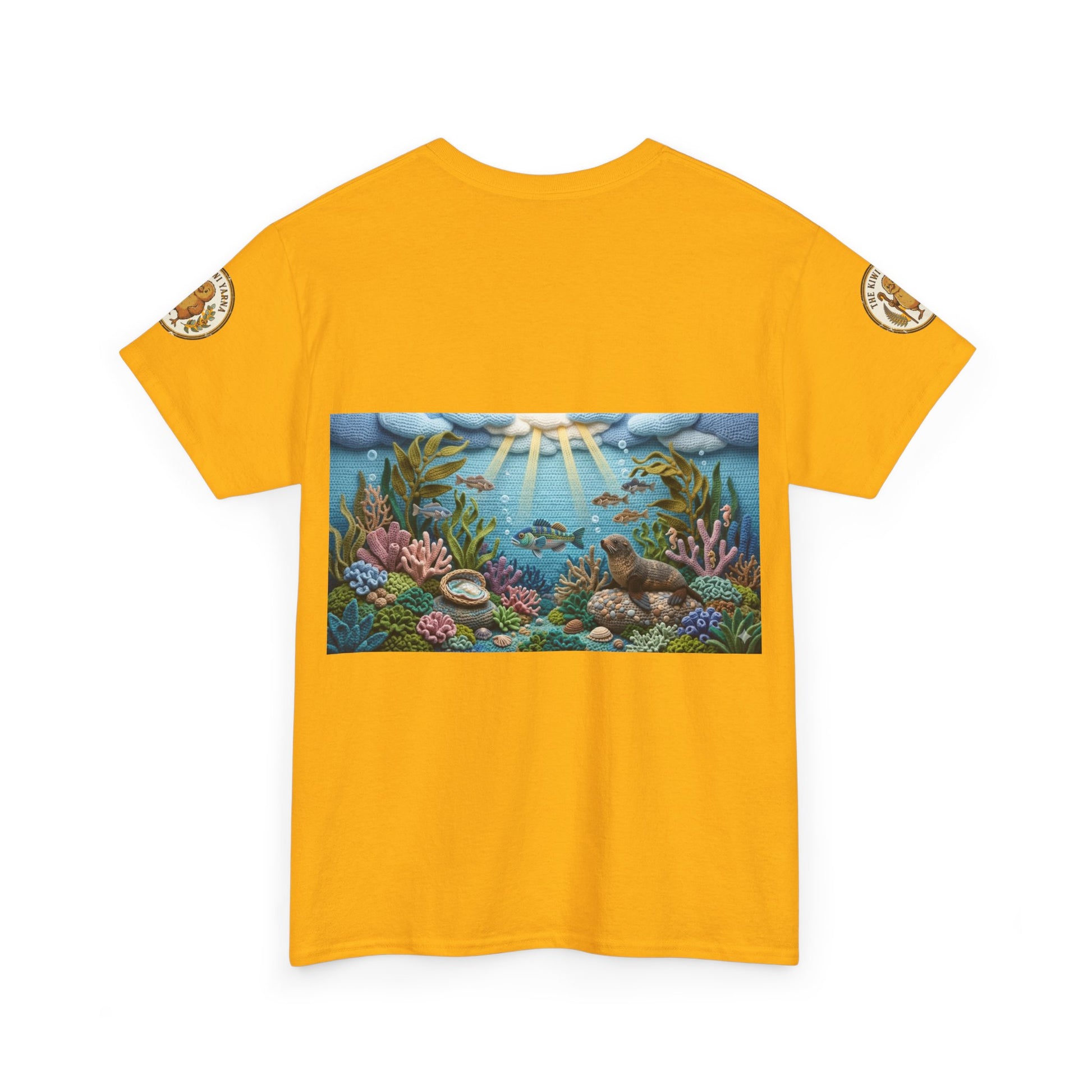 Under the Sea graphic T-shirt, yellow with rectangular ocean scene print across chest