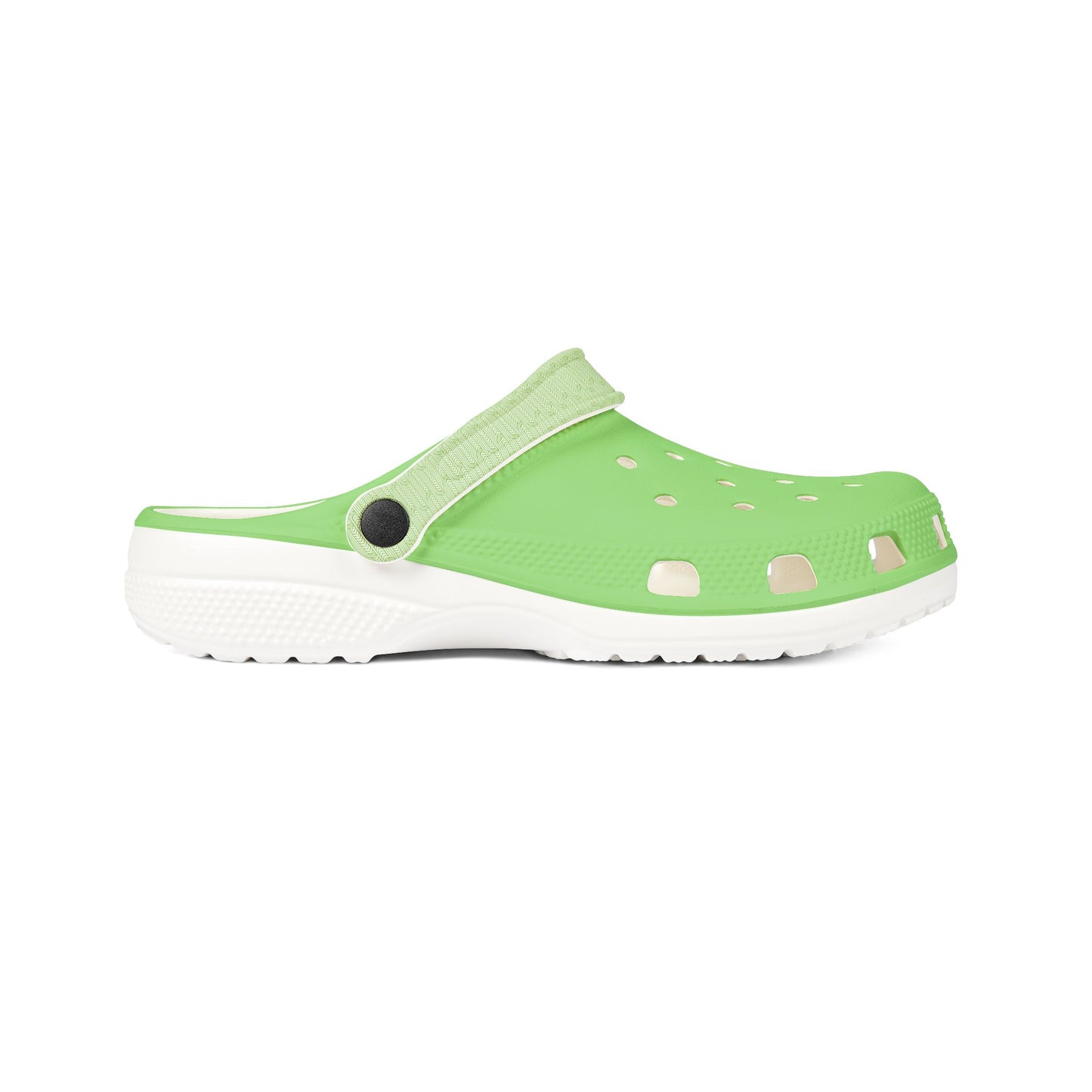 Maoritanga slip-on clogs, green perforated top with strap, white outsole