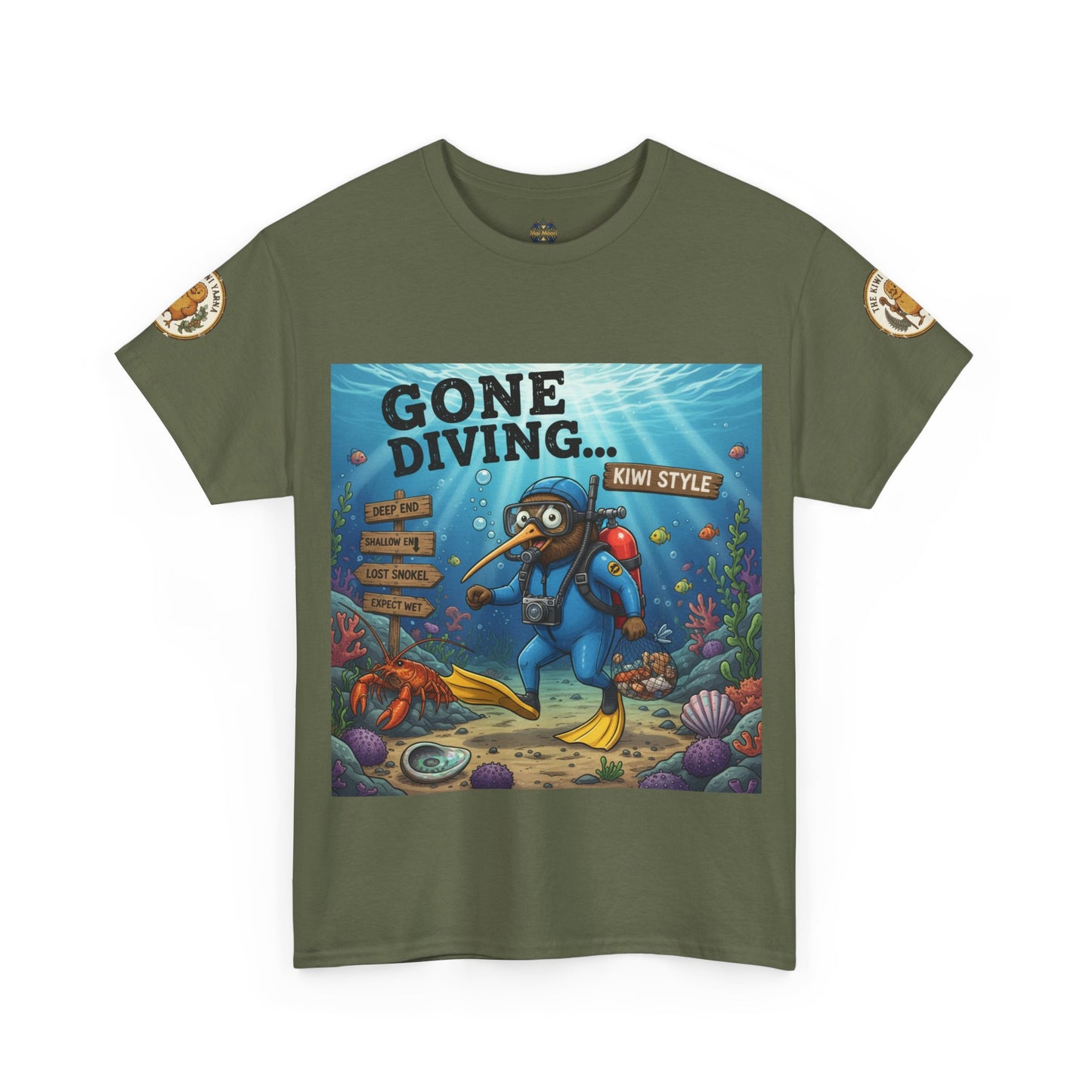 Kids' dark green graphic T-shirt with diver front print and circular sleeve patches.