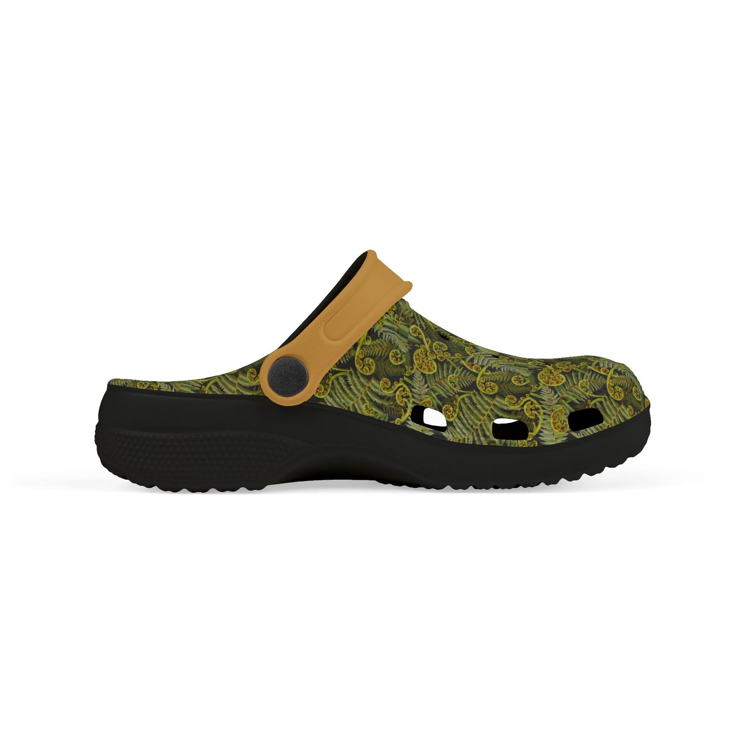 Side view of slip-on clogs with green patterned upper, tan strap, and black outsole