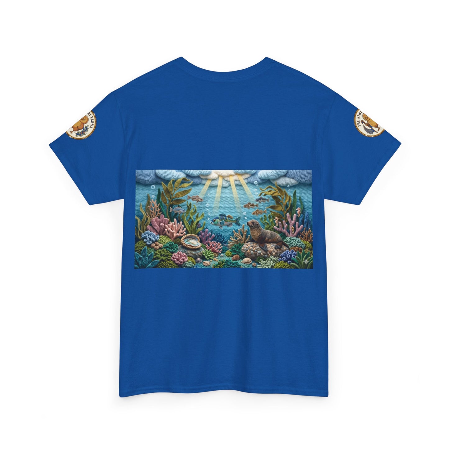 Blue crewneck T-shirt with rectangular undersea scene graphic and round sleeve patch