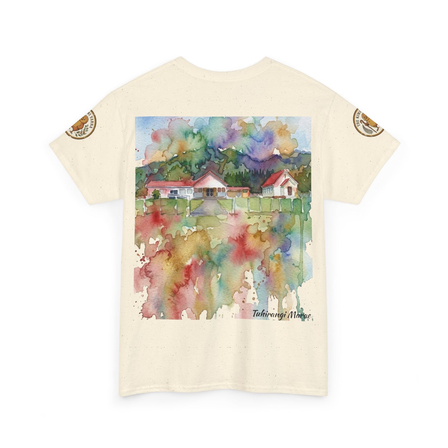 Light cream T-shirt with watercolor house art and 'Tuhirangi Marae' print