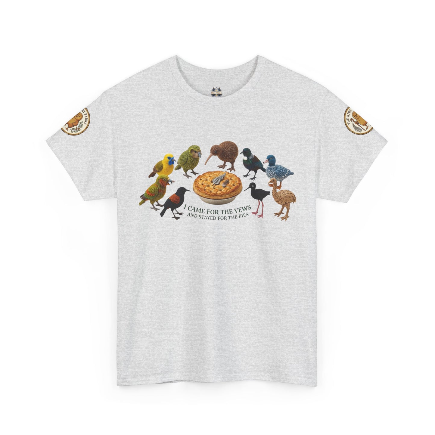 Light gray graphic T-shirt with birds-and-pizza print and round sleeve patches