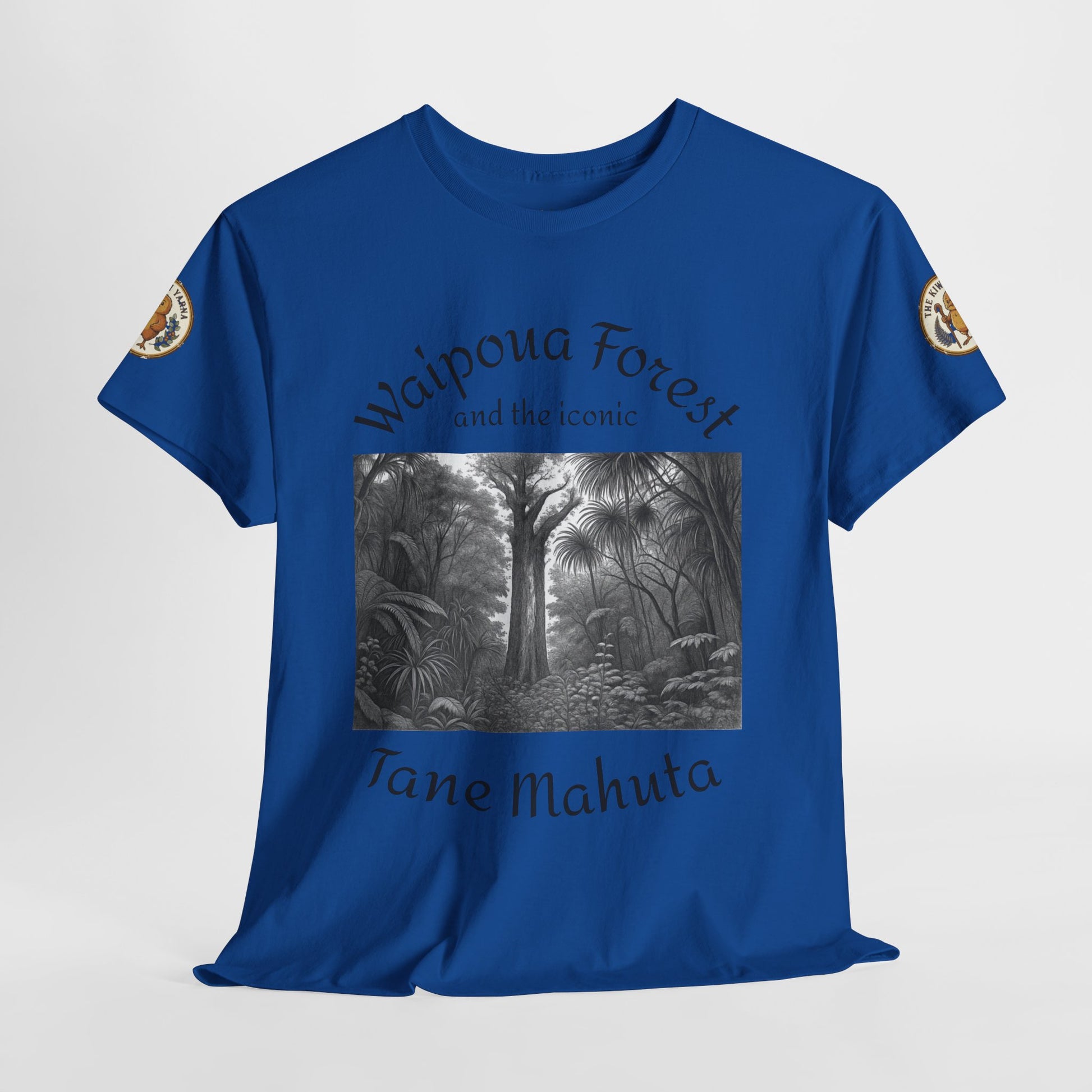Blue graphic crewneck T-shirt front with monochrome forest square and script text