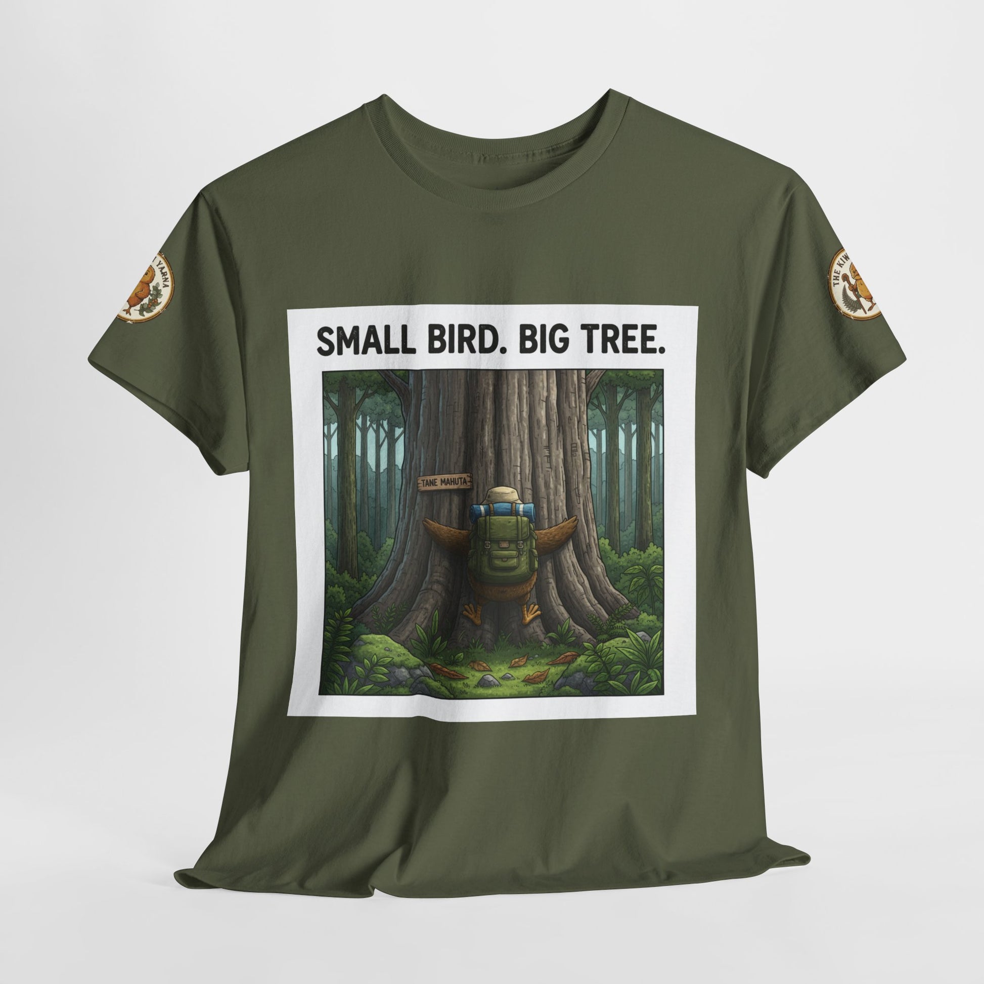 Unisex graphic T-shirt, dark green with centered square forest scene and slogan