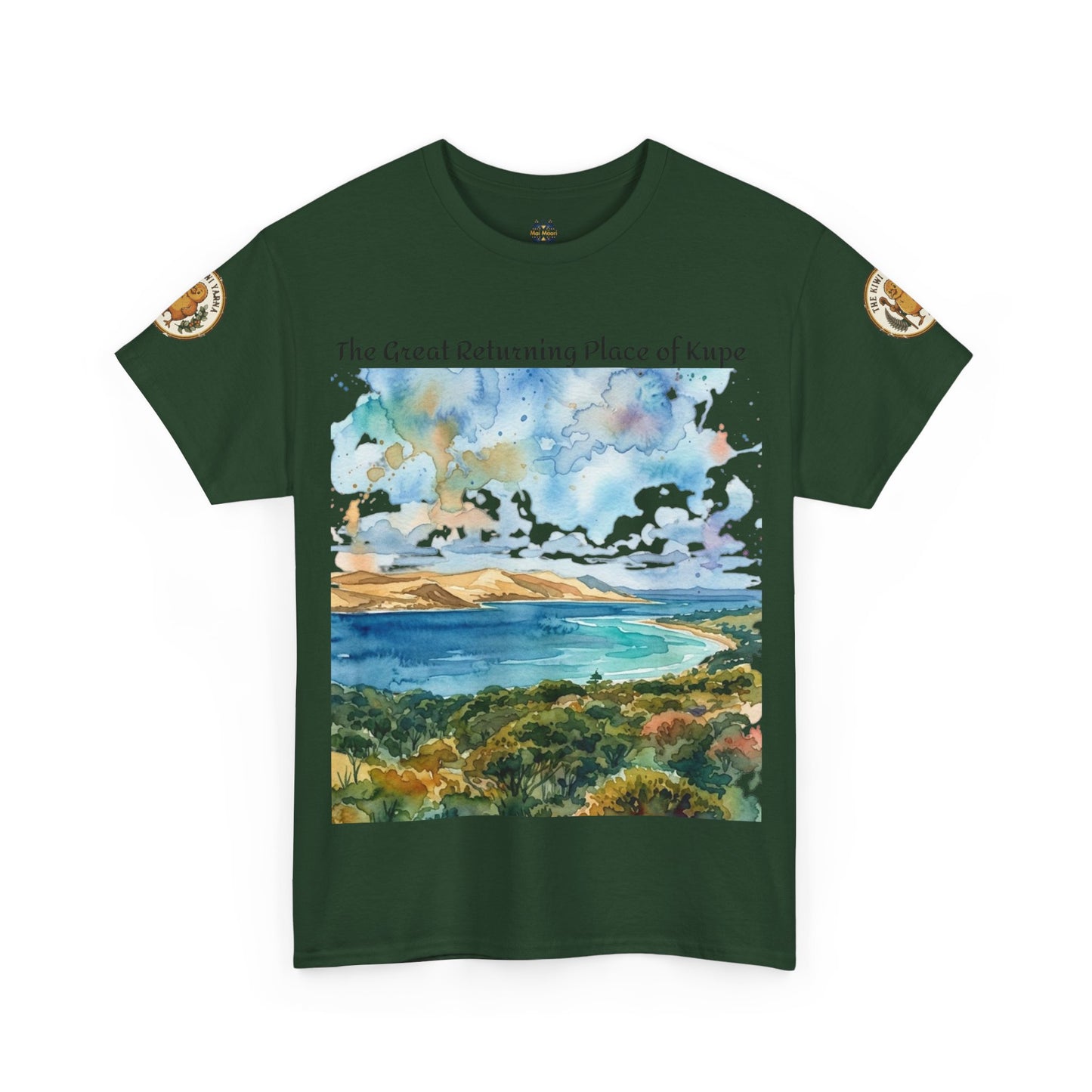 Deep green crewneck T-shirt with landscape print and gold sleeve patches, front view.