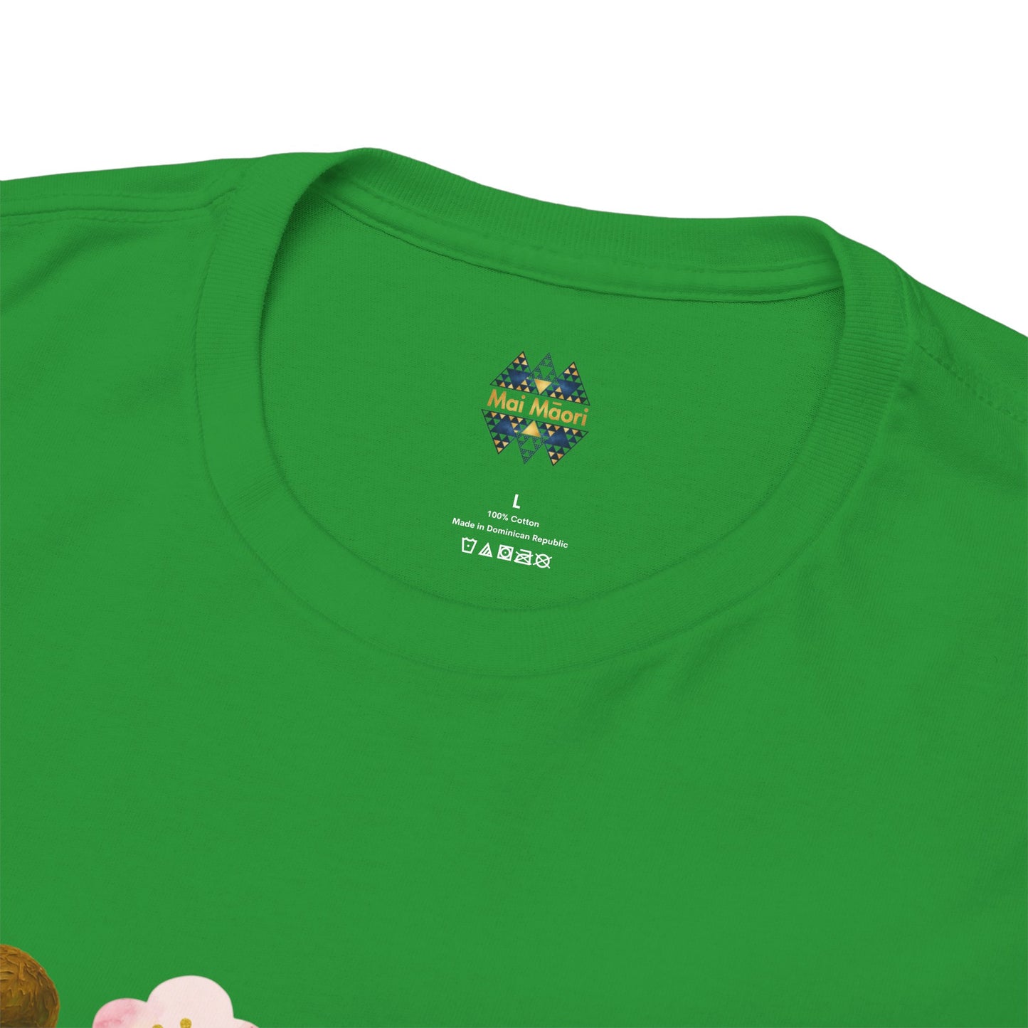 Green T-shirt neckline with small multicolor logo near the collar seam