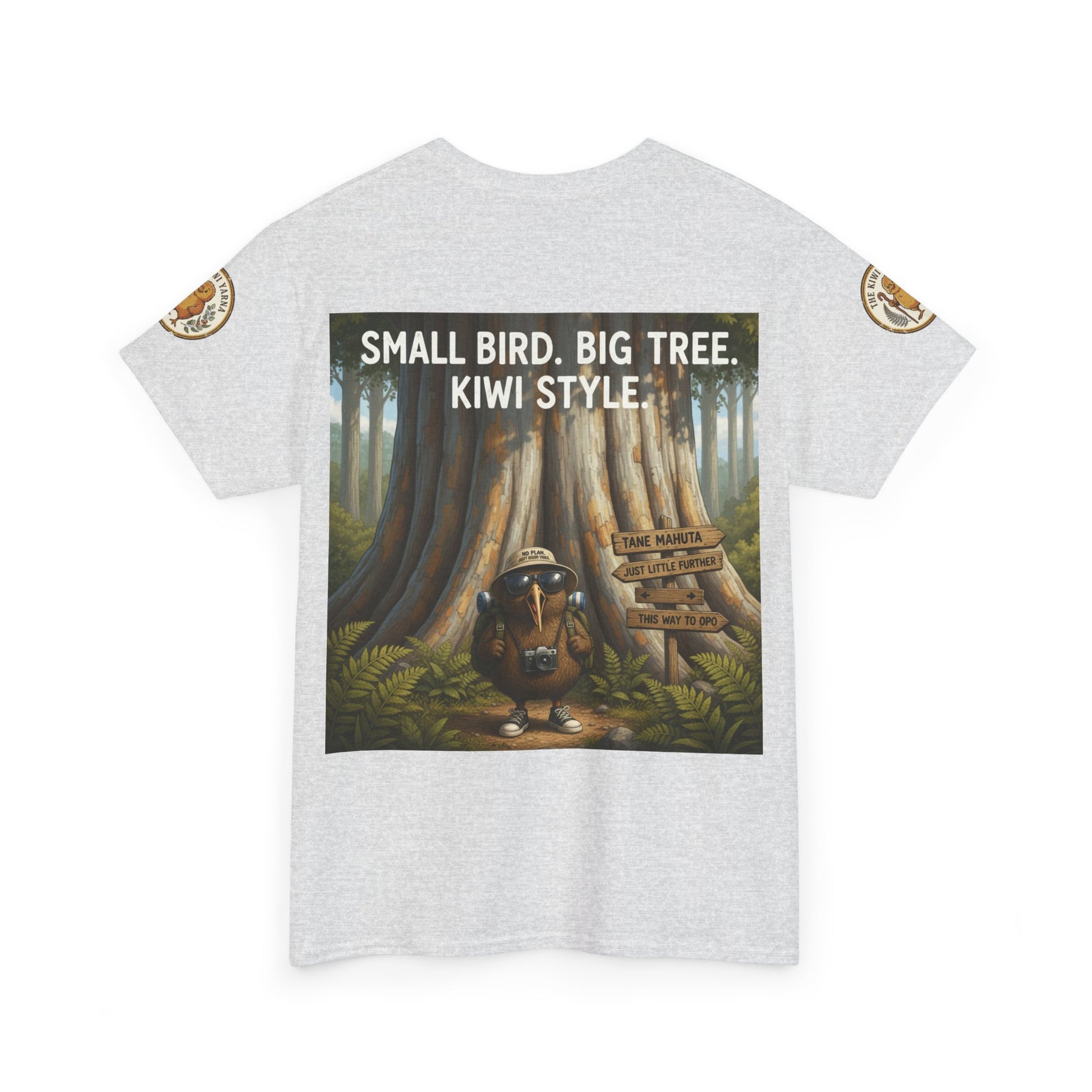Light gray graphic T-shirt with bird-and-tree scene print, short sleeves