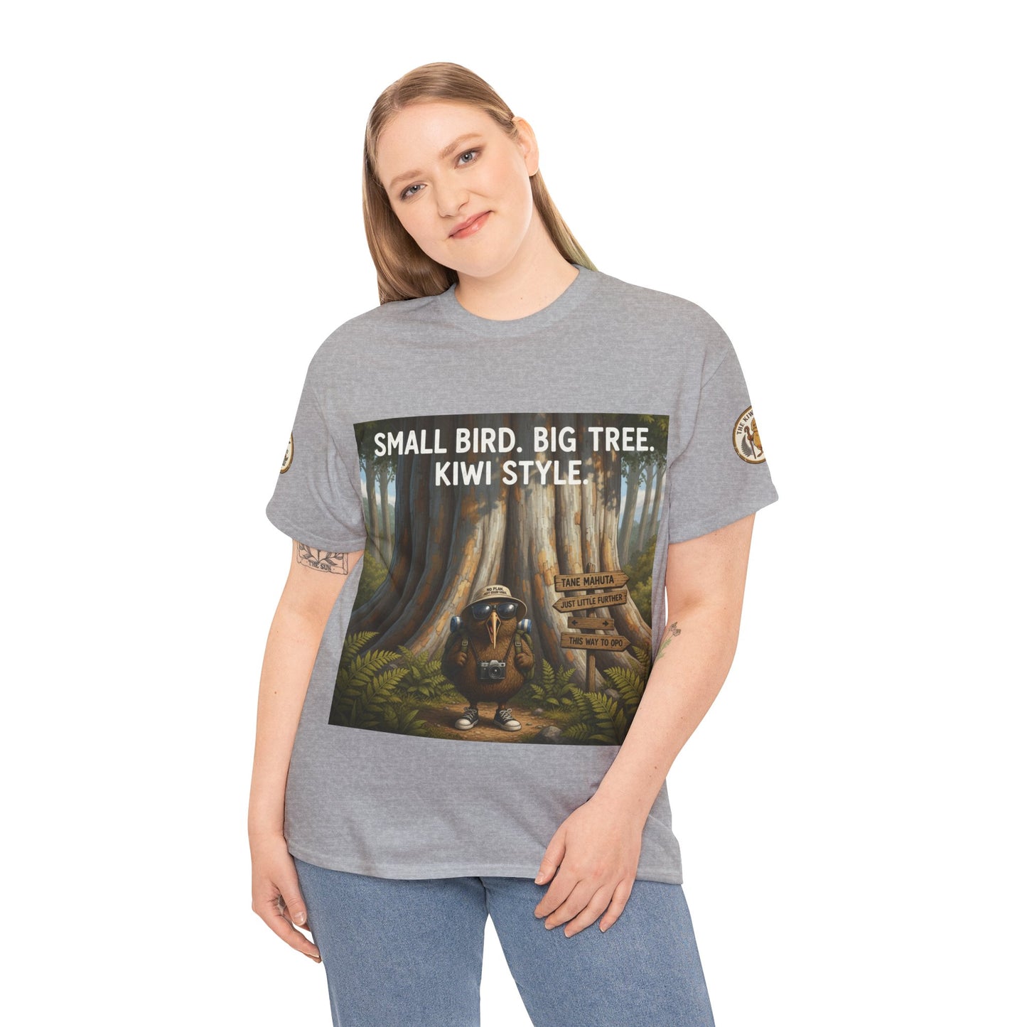 Heather gray crew-neck t-shirt worn by model with forest graphic on chest