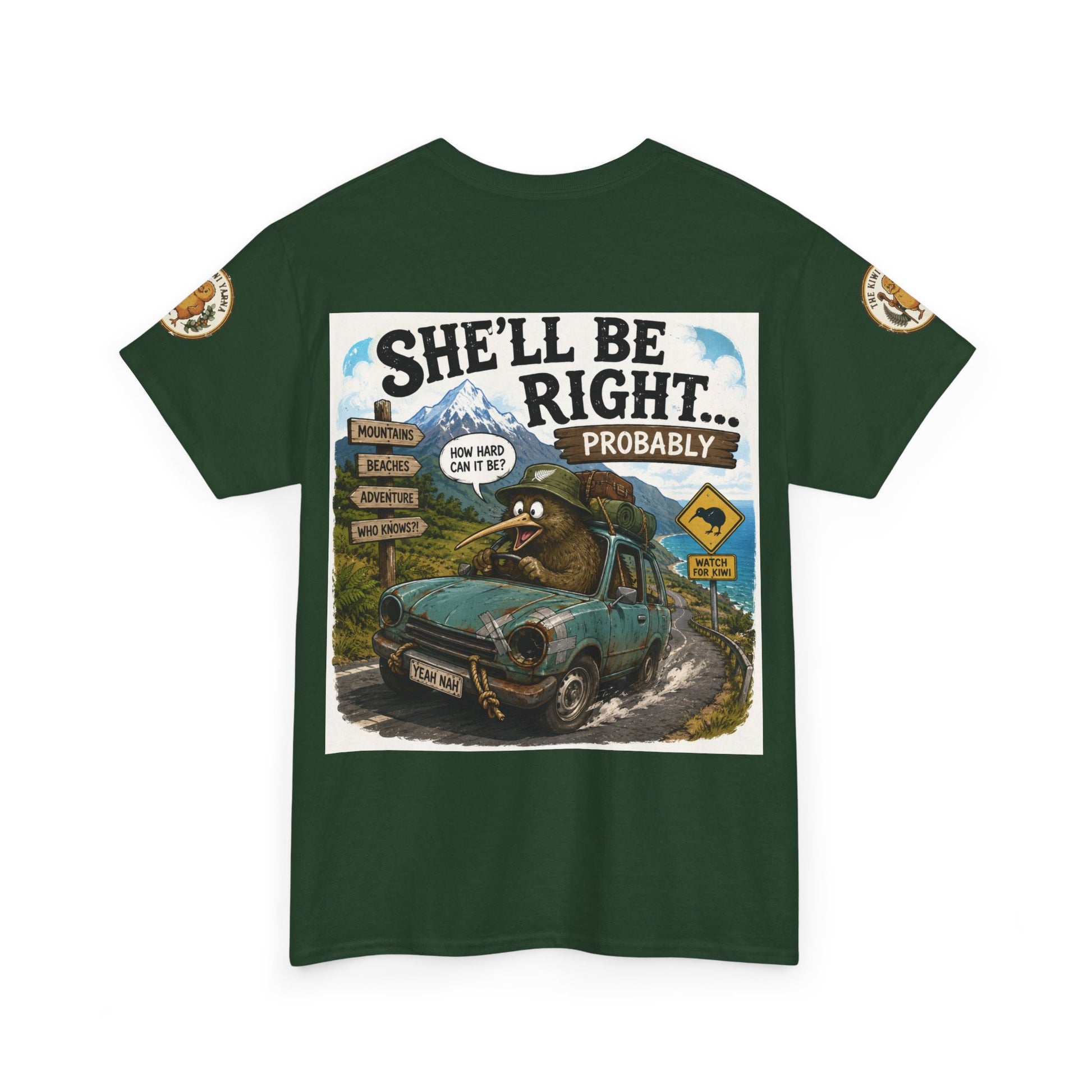 Green graphic T-shirt with front adventure poster print and sleeve patches