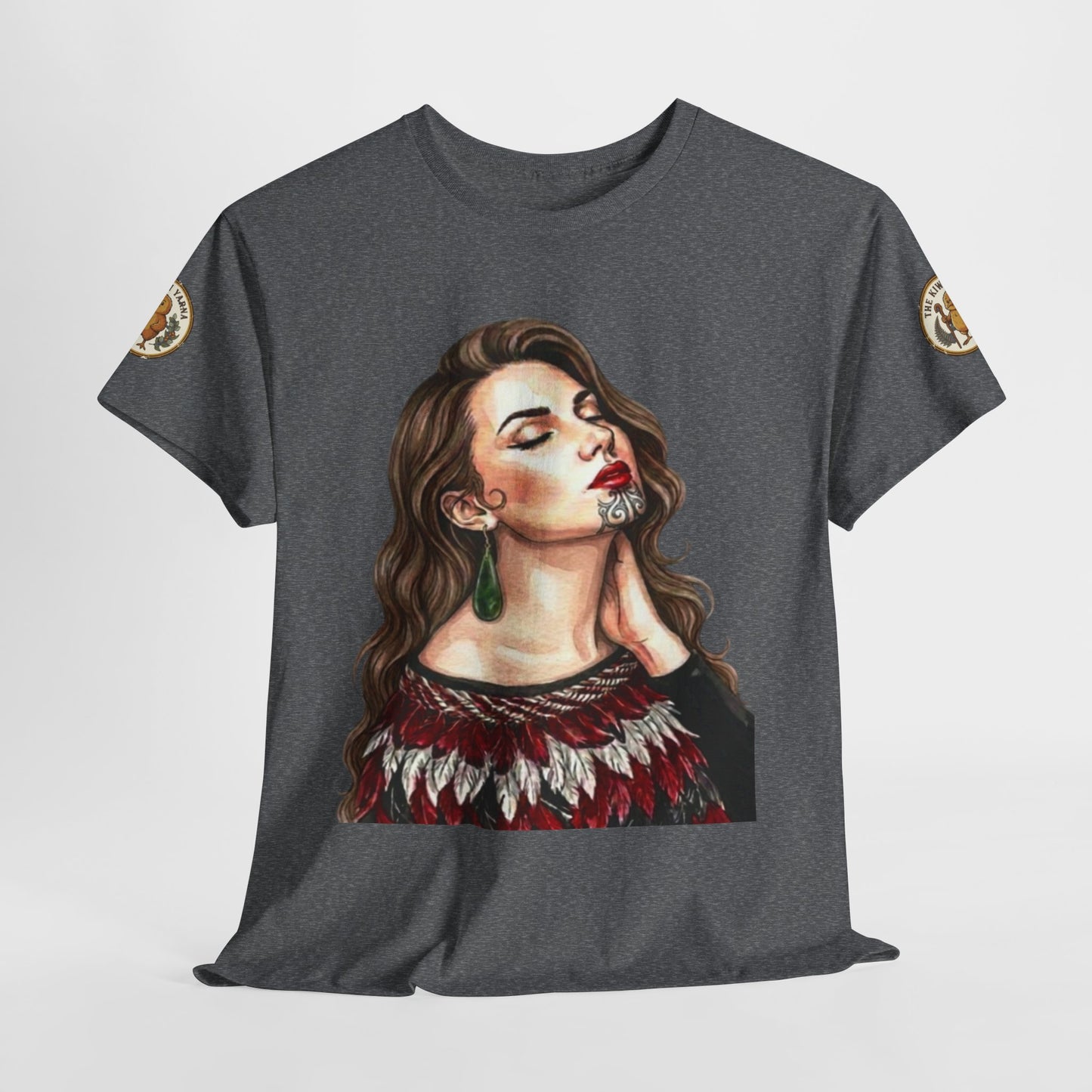 Heather gray T-shirt with woman portrait graphic and red patterned collar