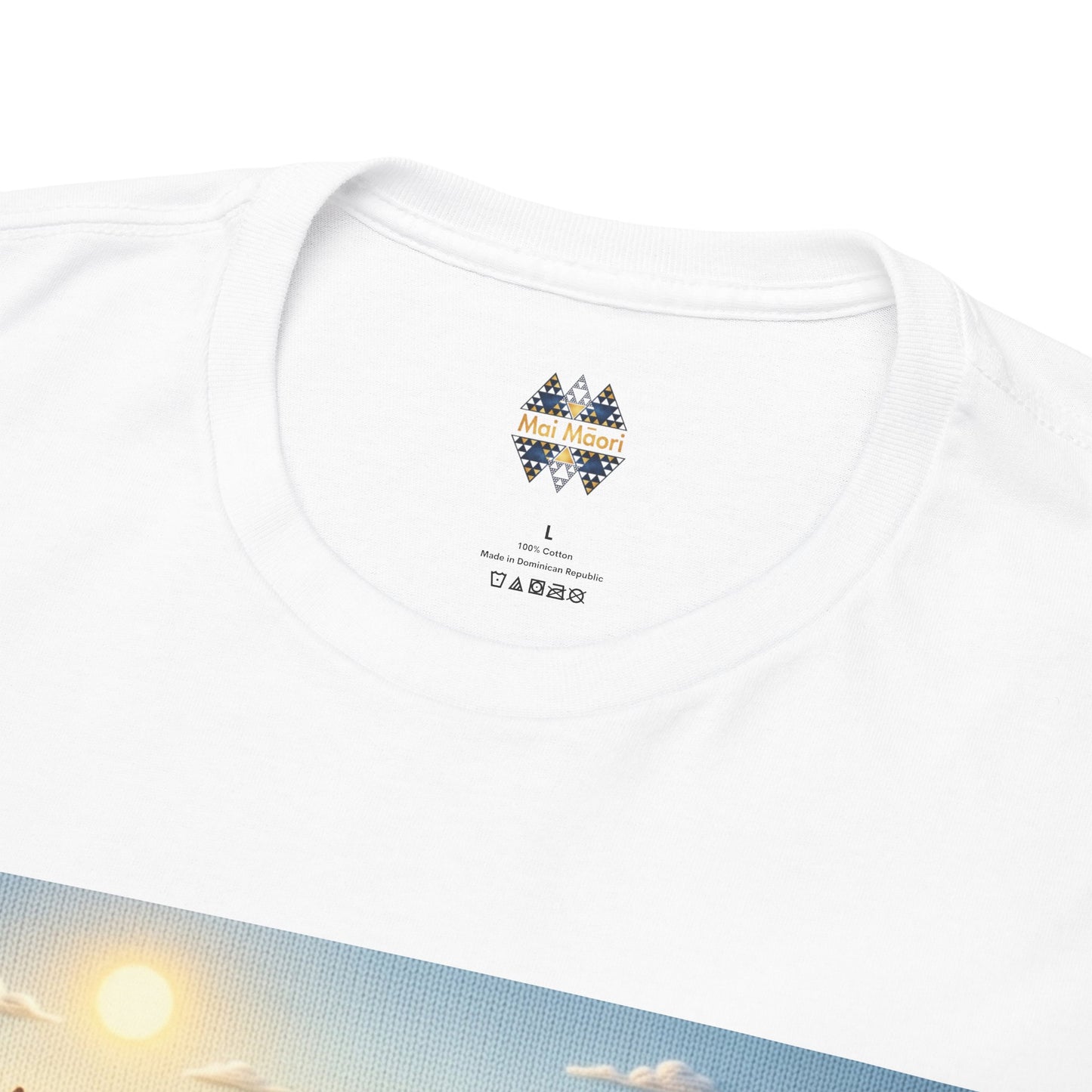 White crewneck T-shirt with small multicolor logo at the collar, no other text.