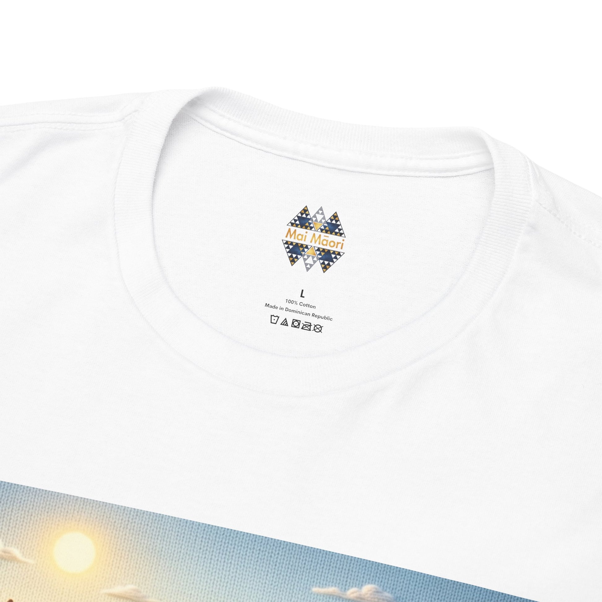 White crewneck T-shirt with small multicolor logo at the collar, no other text.