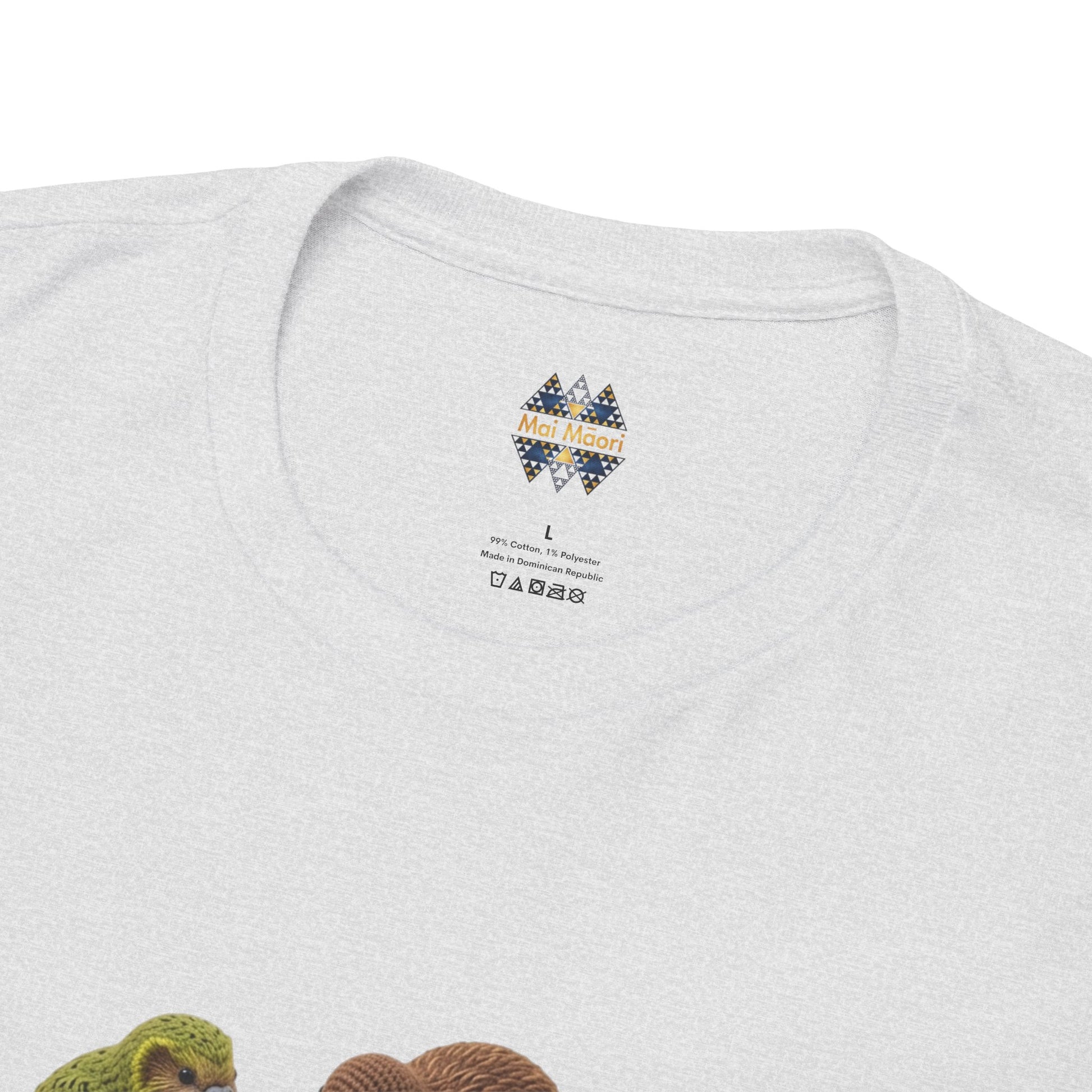 Heather gray T-shirt back neck area with small diamond “Mai Mai” logo patch.