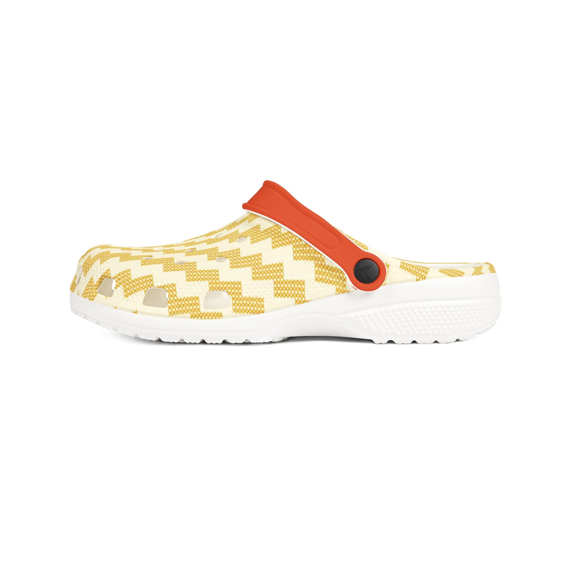 Poutama clog profile with yellow zigzag upper and orange heel strap on white sole