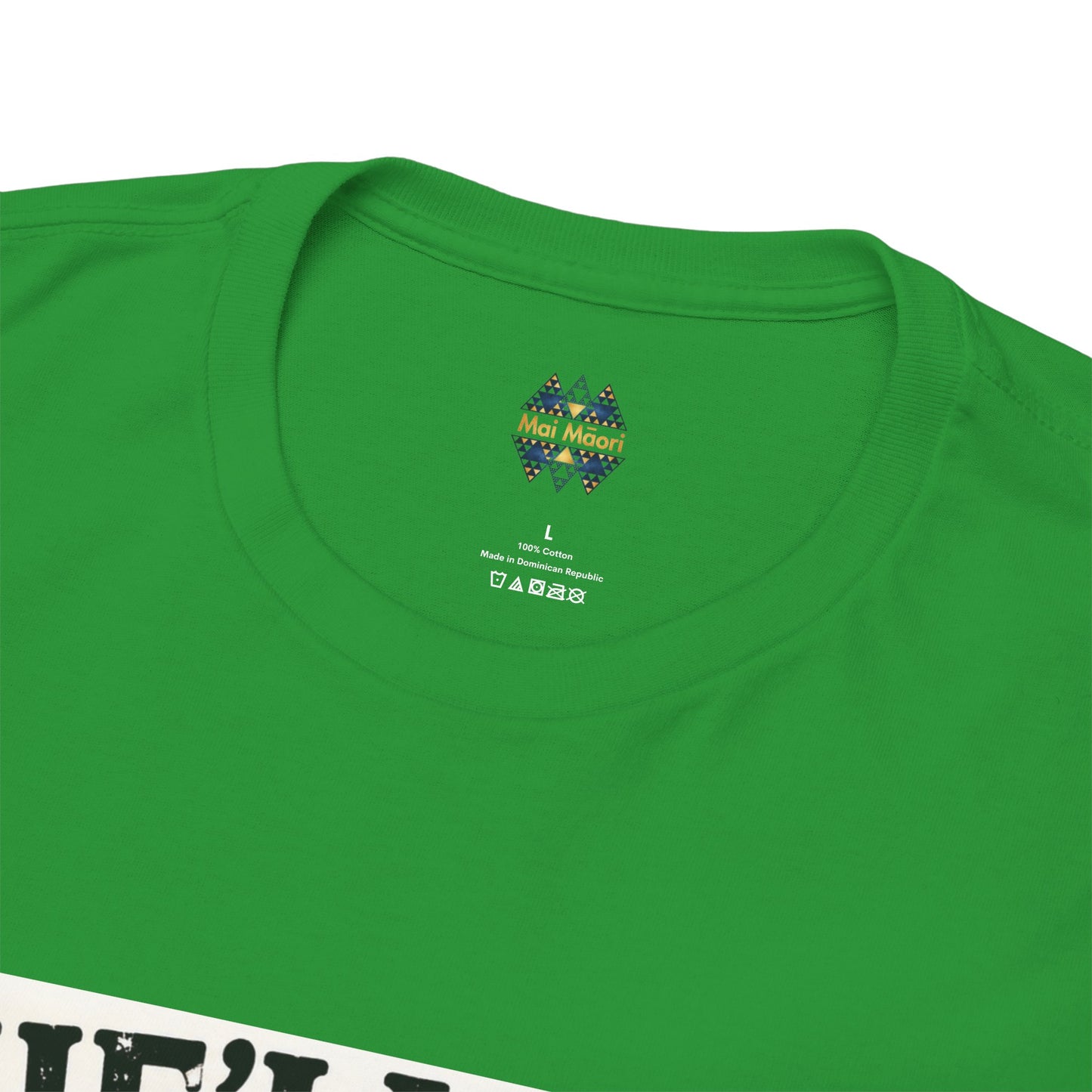 Bright green T-shirt close-up of back neckline with small multicolor emblem and labels