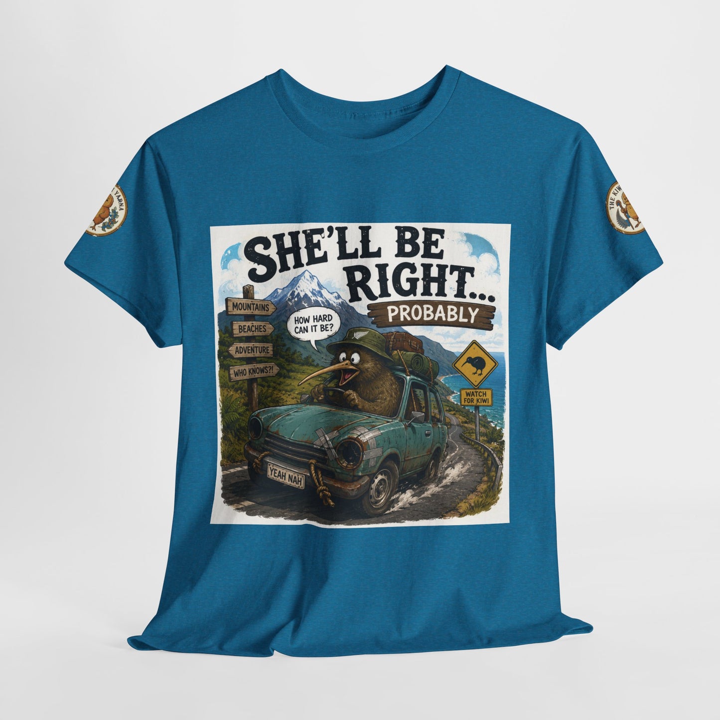 Teal graphic T-shirt with full square vehicle artwork and 'She'll Be Right... Probably'