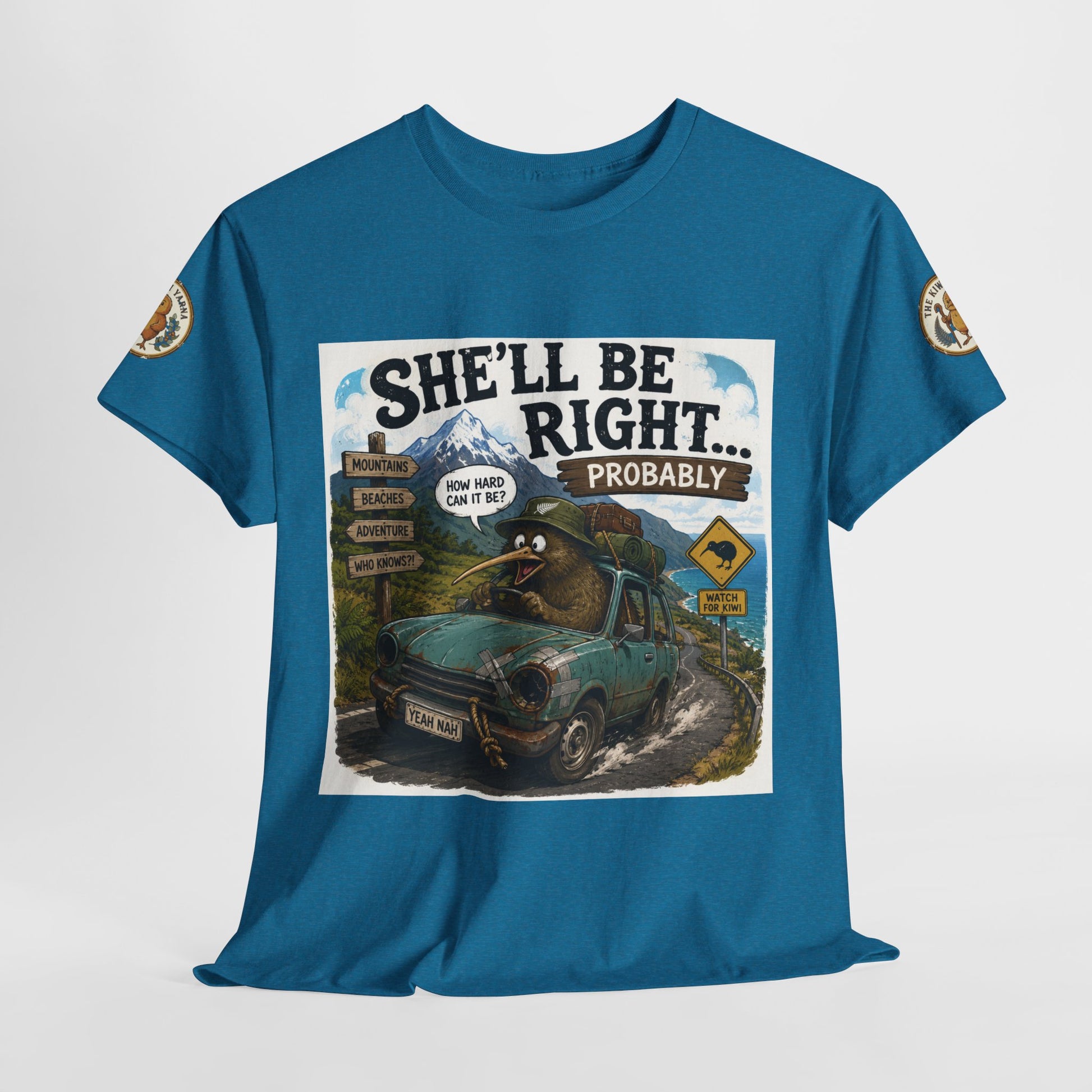 Teal graphic T-shirt with full square vehicle artwork and 'She'll Be Right... Probably'