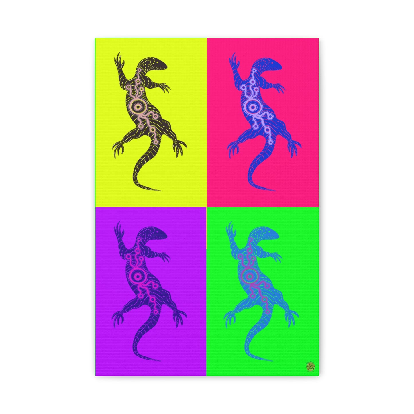 Neon pop-art lizard wall art with four color blocks and mirrored silhouettes