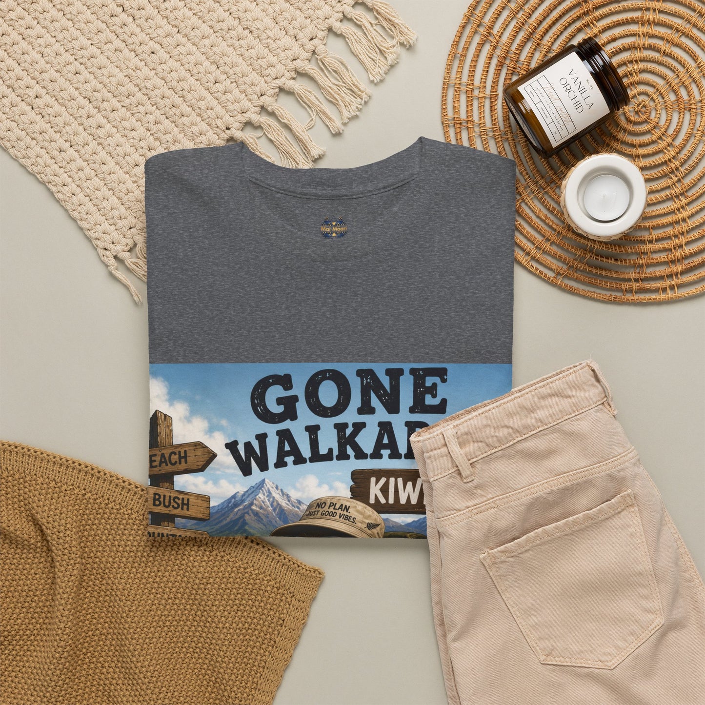 Heather gray T-shirt with “Gone Walkabout Kiwi Style” front graphic