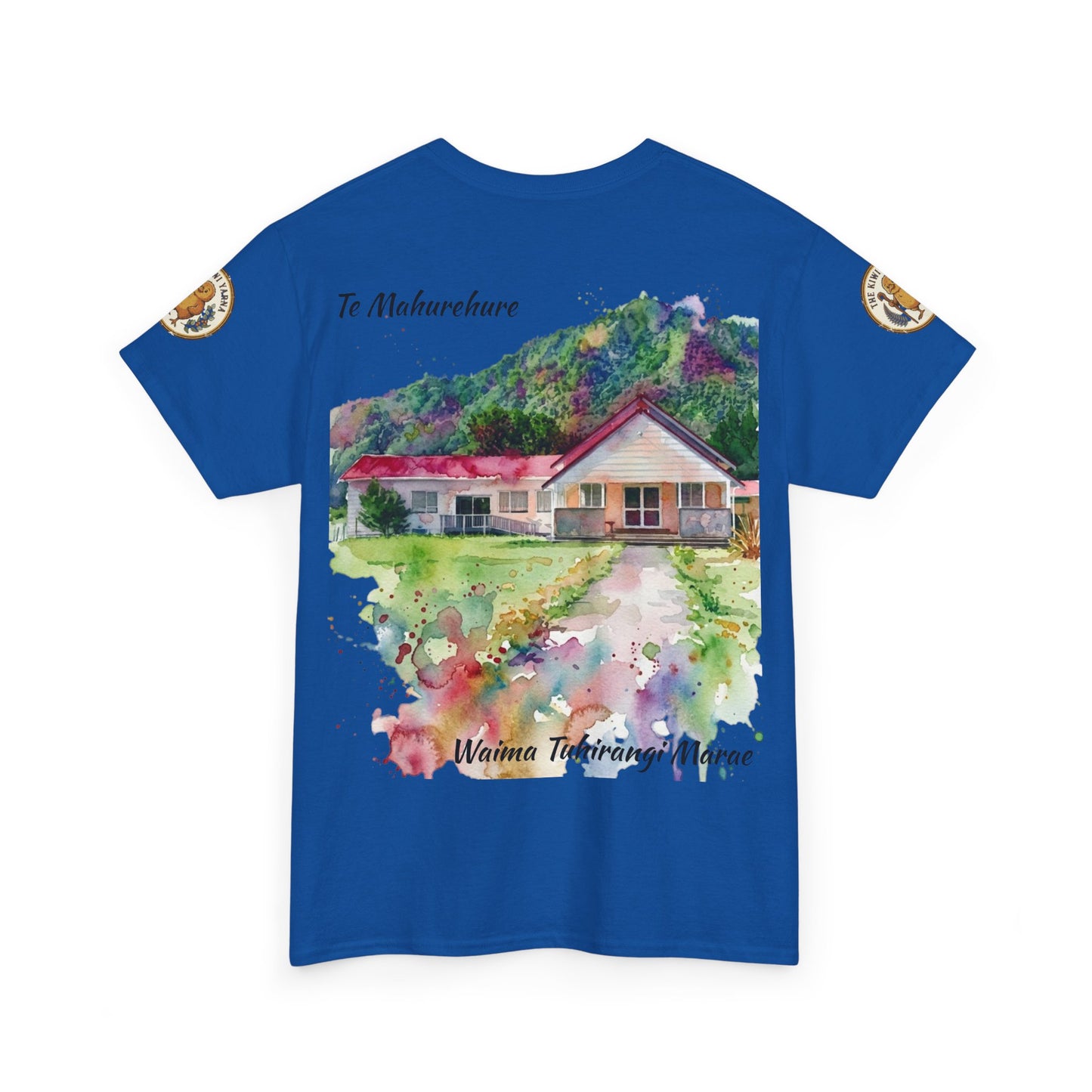Blue graphic T-shirt with scenic watercolor house print and sleeve emblem patches