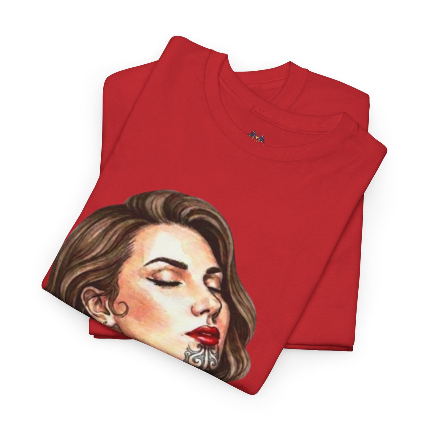 Korowai red crewneck graphic t-shirt with face artwork, folded front view