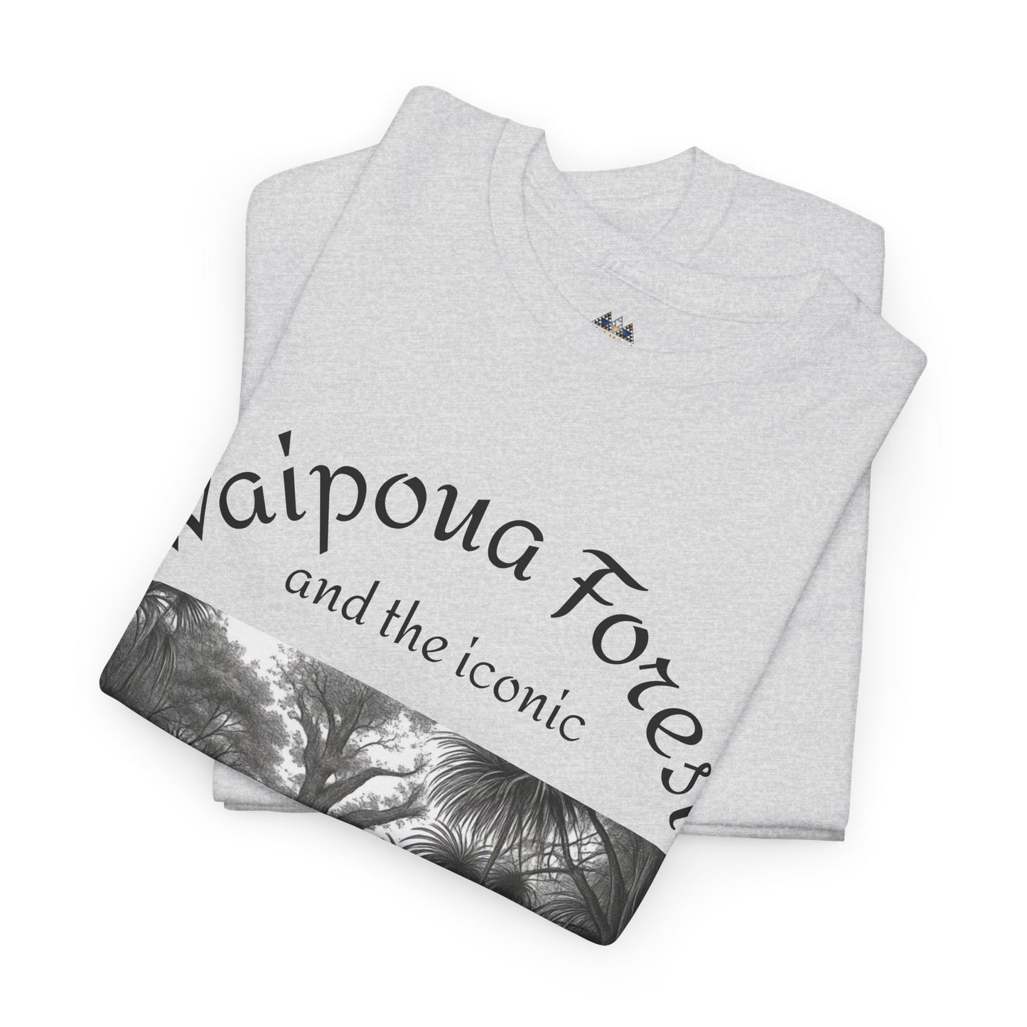 Heather gray crew-neck T-shirt folded with black forest graphic and stylized text