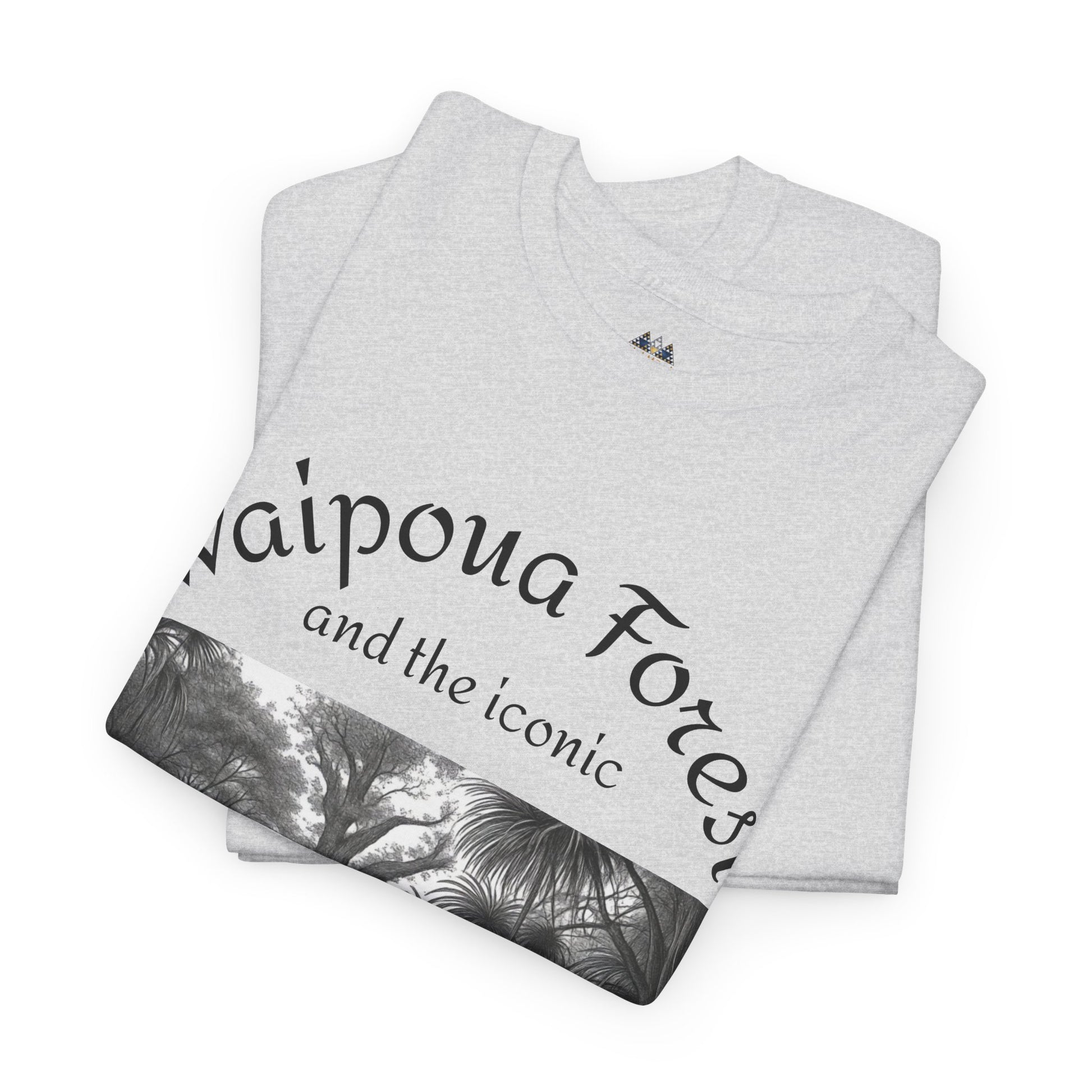 Heather gray crew-neck T-shirt folded with black forest graphic and stylized text