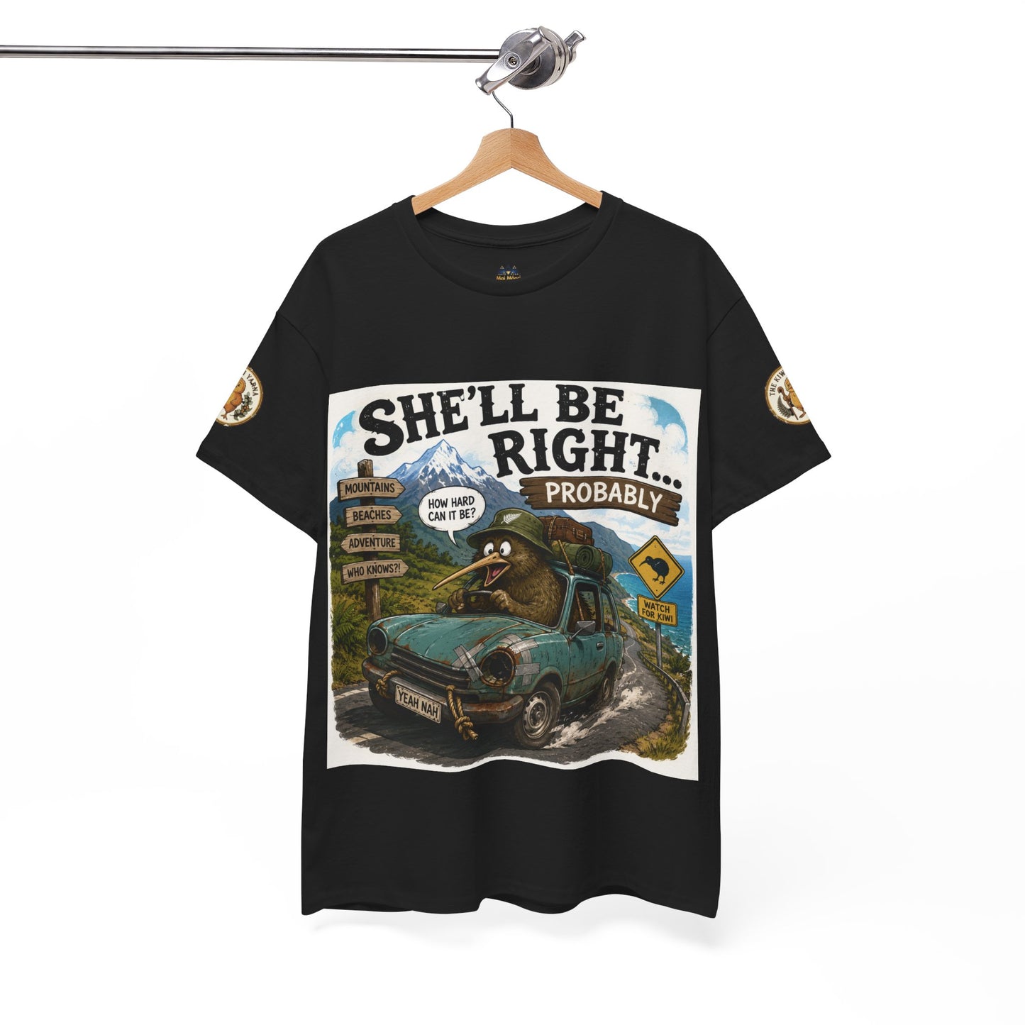 Black graphic T-shirt on hanger with chest text and outdoor vehicle artwork