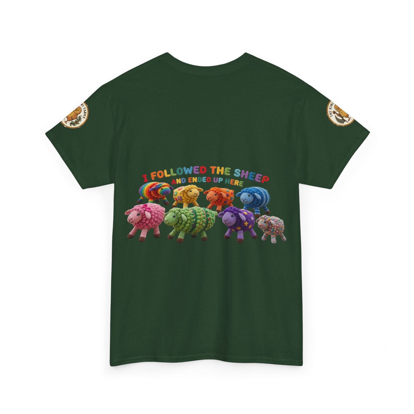 Forest green T-shirt with colorful sheep graphic and small circular sleeve patches