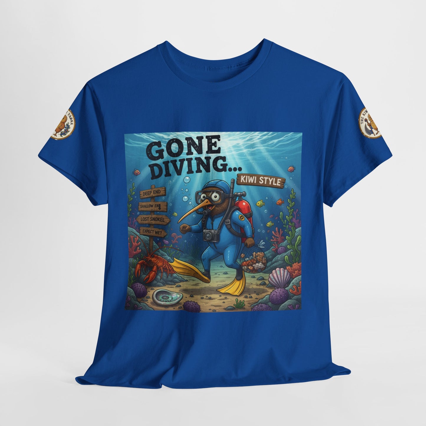 Blue crew-neck graphic t-shirt front view with underwater panel and round sleeve badges