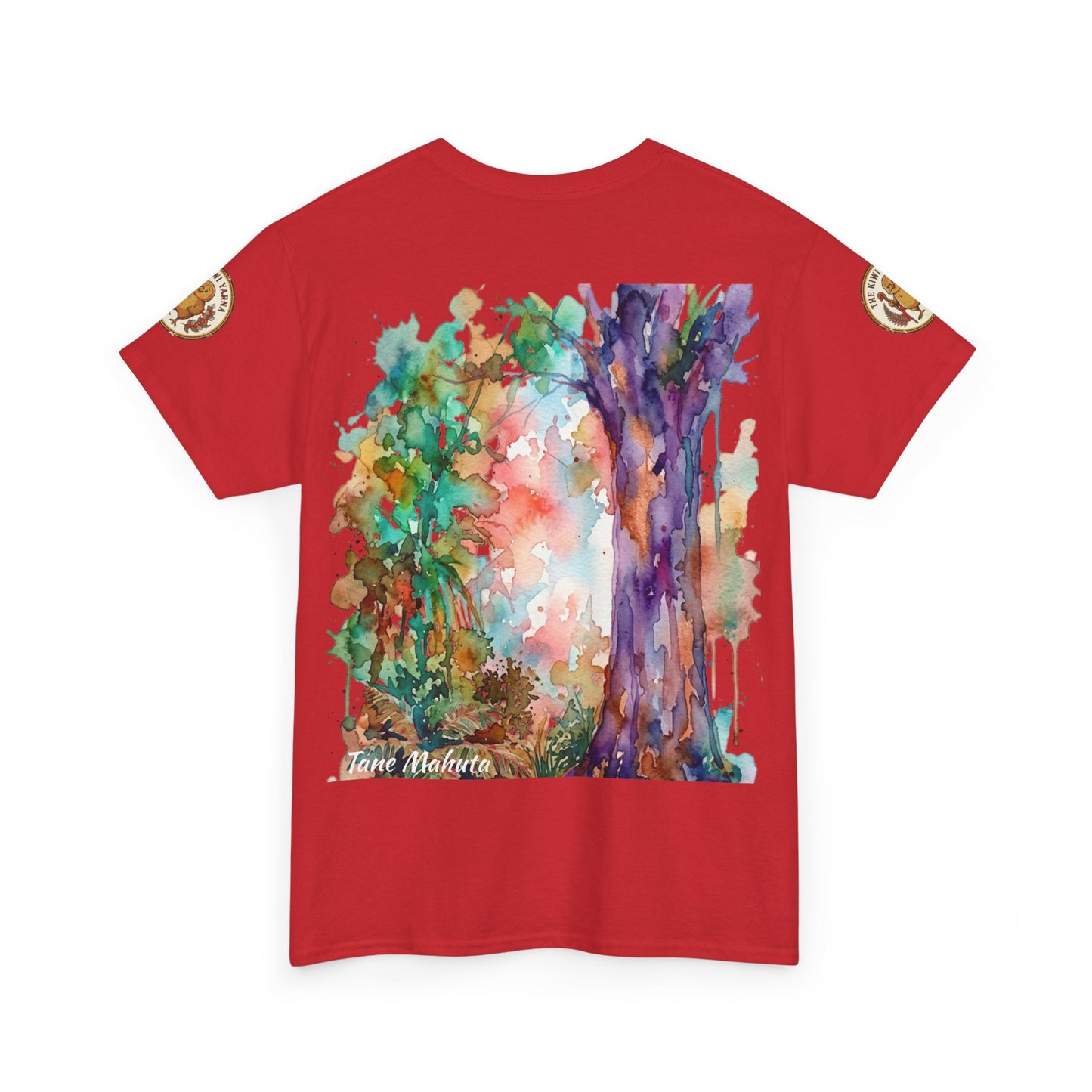 Red graphic T-shirt with colorful tree-art panel and crew neck, short sleeves
