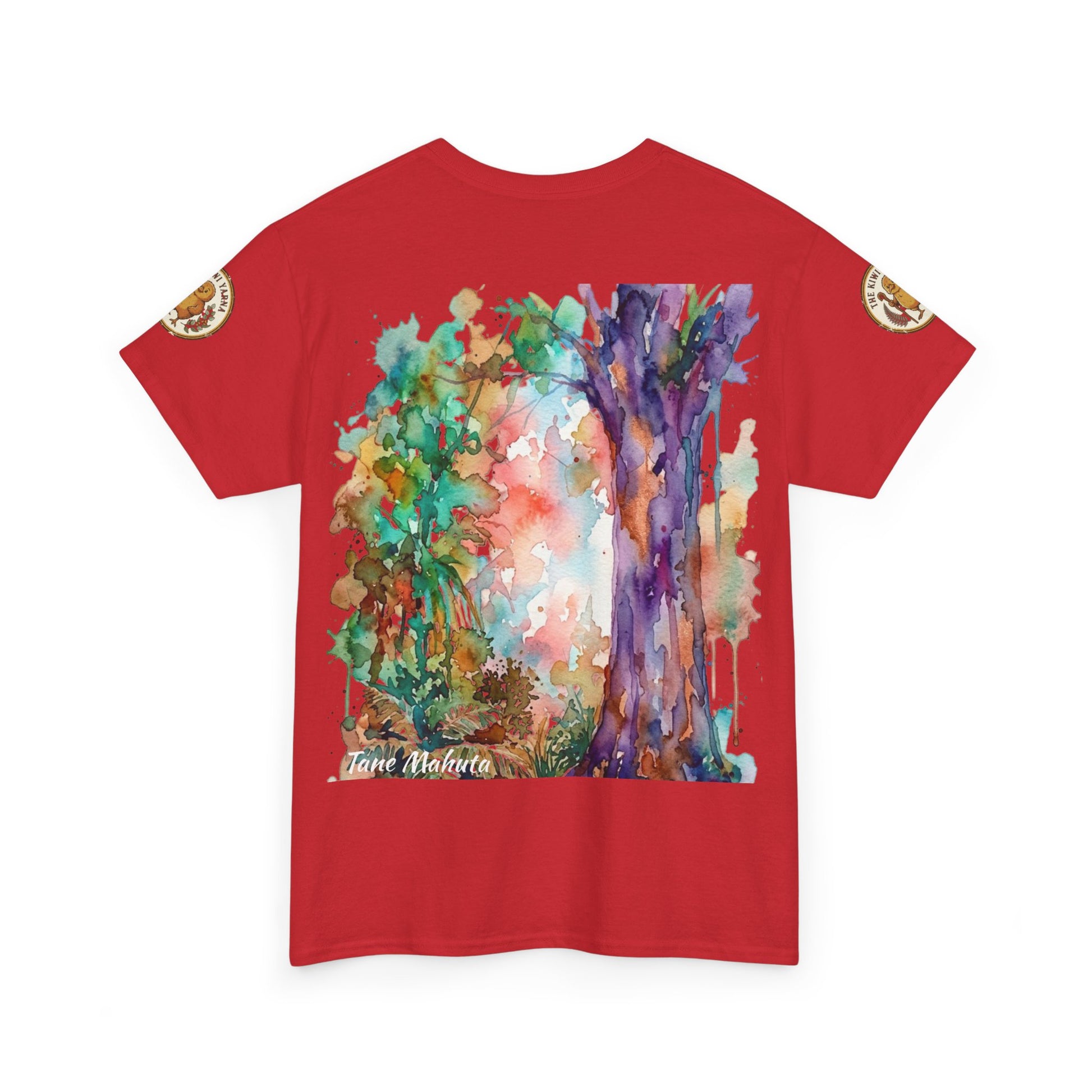 Red graphic T-shirt with colorful tree-art panel and crew neck, short sleeves